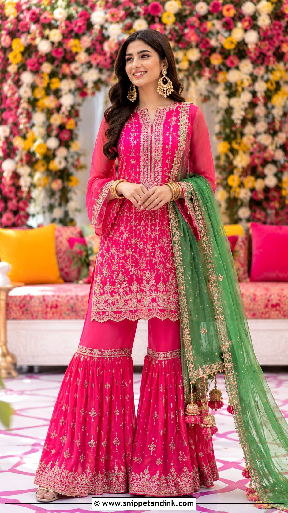 Pink Gharara Set For Mehndi Ceremony - Snippet and Ink - 25 Mehndi Ceremony Outfit Ideas