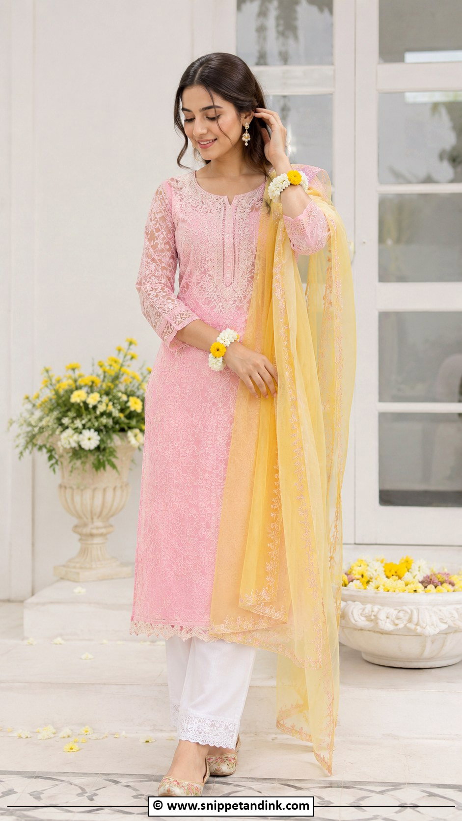 Pink Haldi Chikankari Kurta - Snippet and Ink - 25 Pink Haldi Ceremony Outfit Ideas