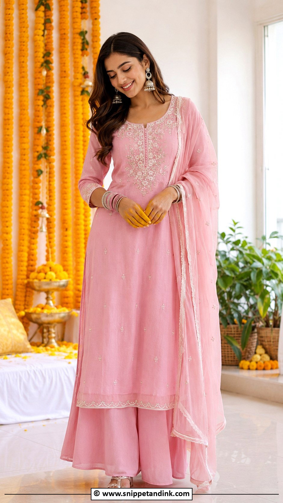 Pink Haldi Kurta Palazzo Set - Snippet and Ink - 25 Pink Haldi Ceremony Outfit Ideas