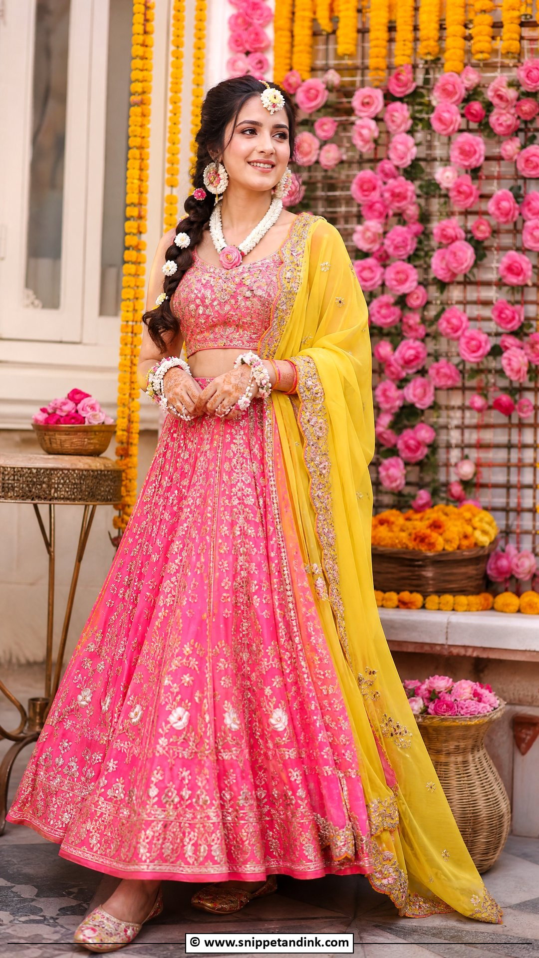 Pink Haldi Lehenga For Bride - Snippet and Ink - 35 Haldi Dress for Bride Ideas