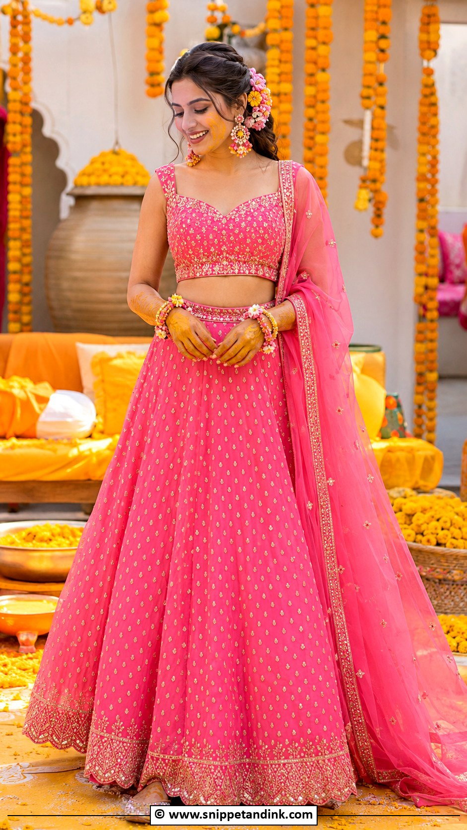 Pink Haldi Lehenga - Snippet and Ink - 25 Pink Haldi Ceremony Outfit Ideas