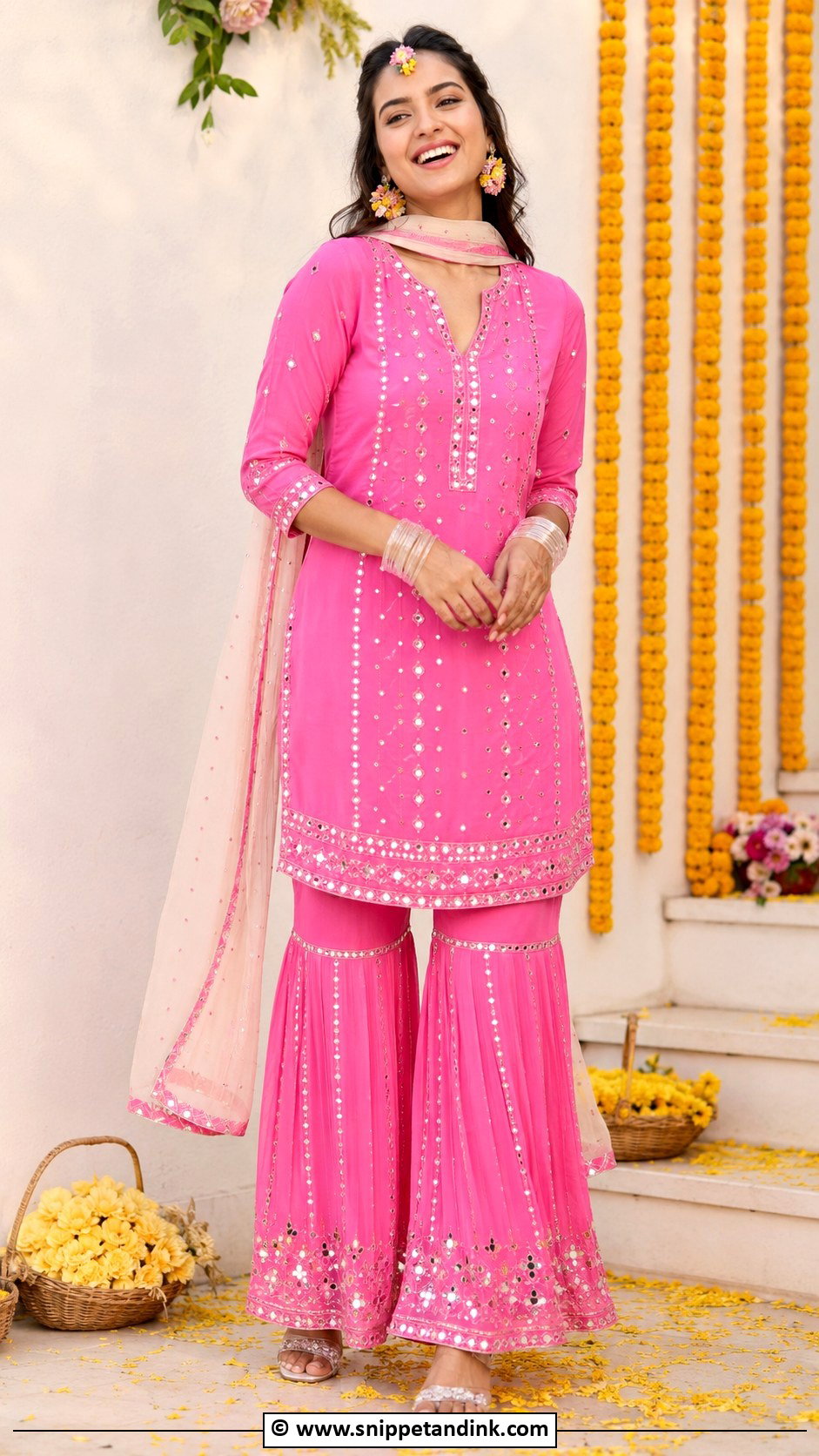 Pink Haldi Mirror Work Outfit - Snippet and Ink - 25 Pink Haldi Ceremony Outfit Ideas