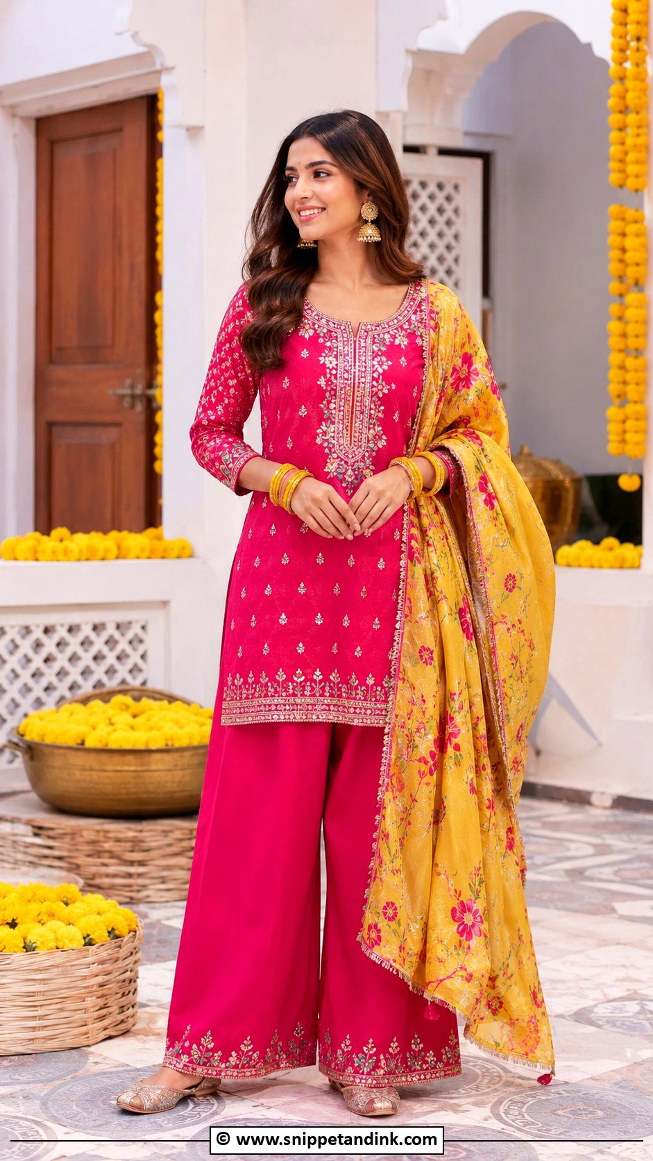 Pink Haldi Palazzo Suit - Snippet and Ink - 25 Pink Haldi Ceremony Outfit Ideas