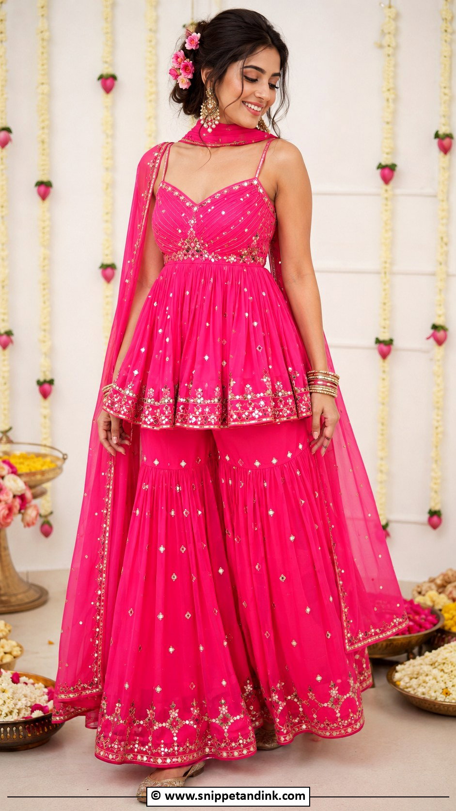 Pink Haldi Peplum Sharara - Snippet and Ink - 25 Pink Haldi Ceremony Outfit Ideas