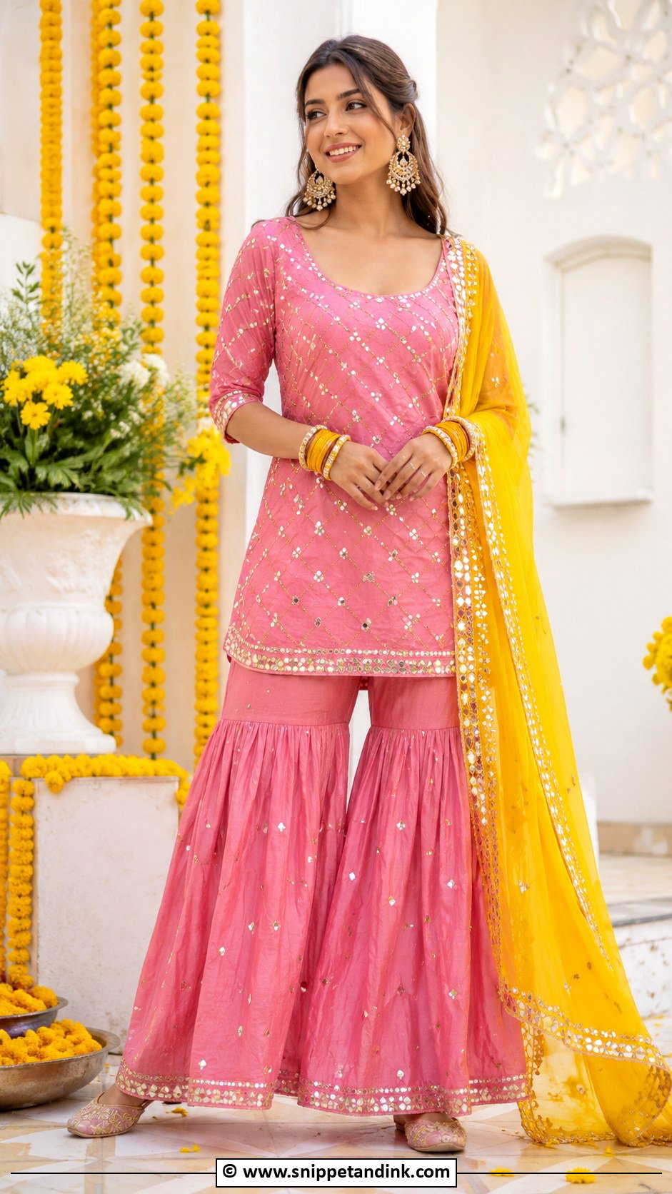 Pink Haldi Sharara Suit - Snippet and Ink - 25 Pink Haldi Ceremony Outfit Ideas