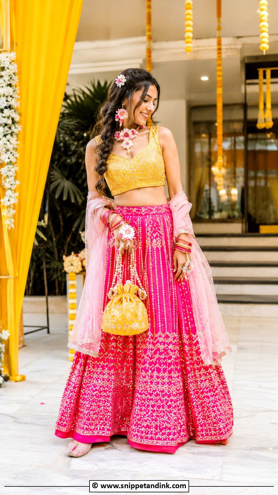 Pink Haldi Skirt And Crop Top - Snippet and Ink - 25 Pink Haldi Ceremony Outfit Ideas