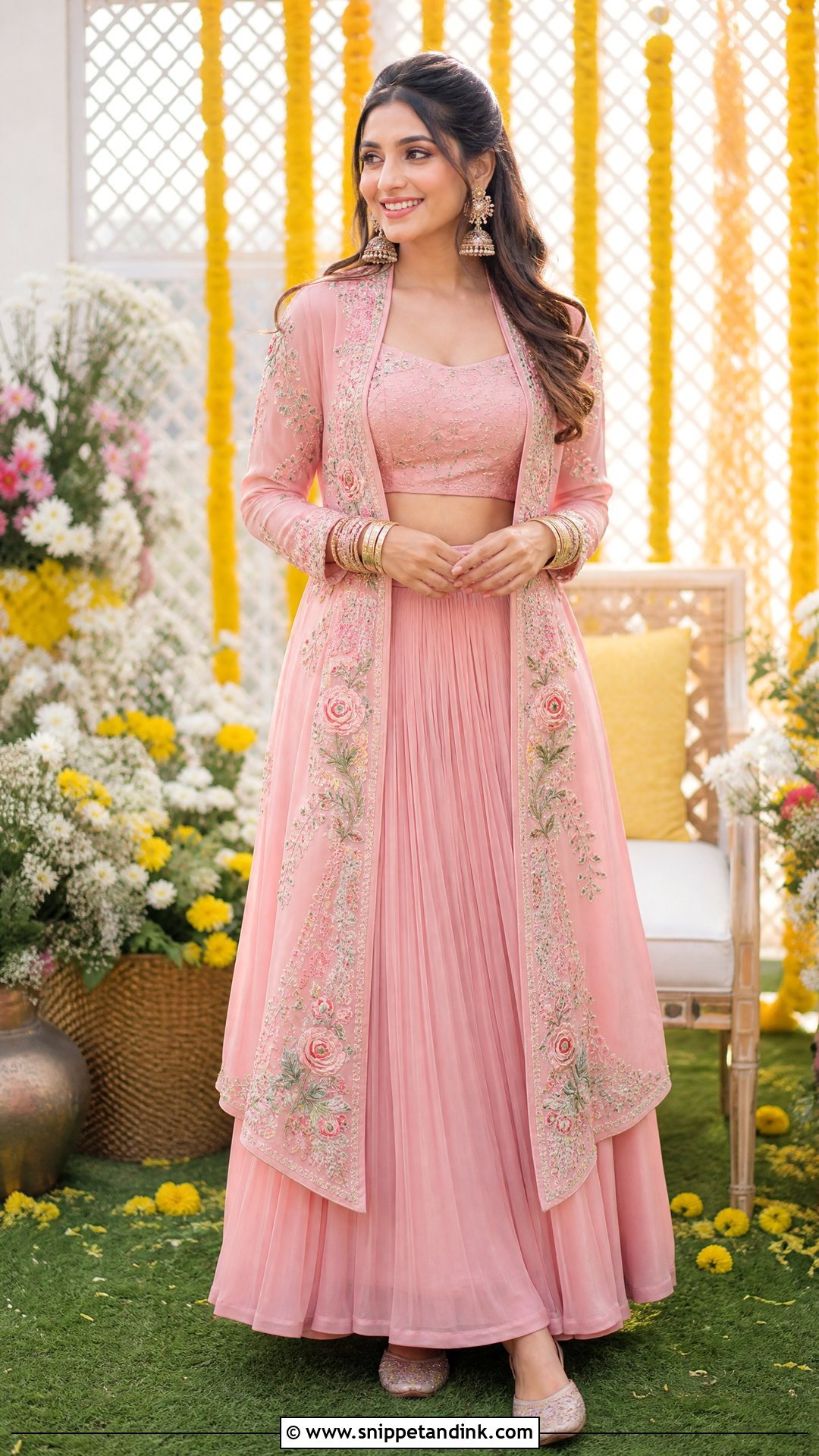 Pink Jacket and Skirt Set for Haldi - Snippet and Ink - 20 Pink Outfit for Haldi Ideas