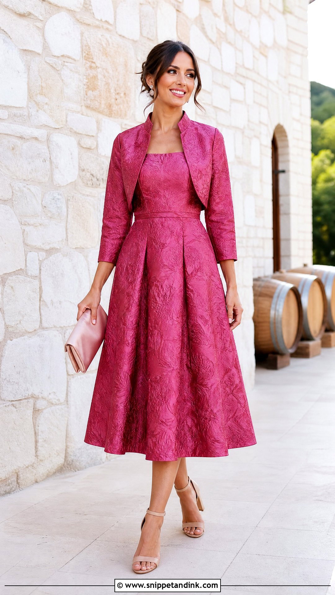 Pink Jacquard Winery Wedding Dress - Snippet and Ink - 20 Winery Wedding Dress Ideas
