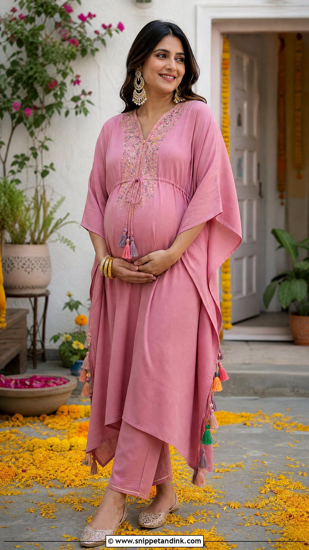 Pink Kaftan Set For Haldi - Snippet and Ink - 20 Pink Haldi Outfit Ideas