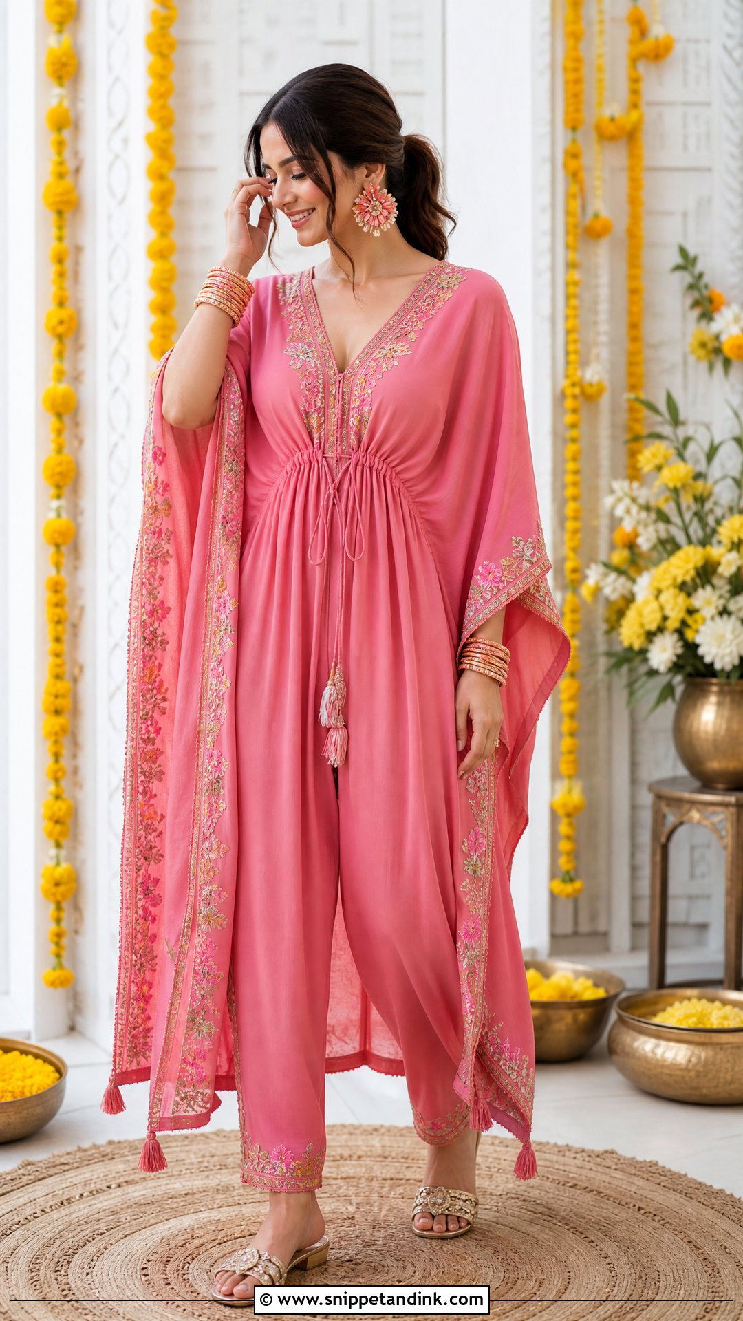 Pink Kaftan Set for Haldi - Snippet and Ink - 20 Pink Haldi Outfit for Bride Ideas