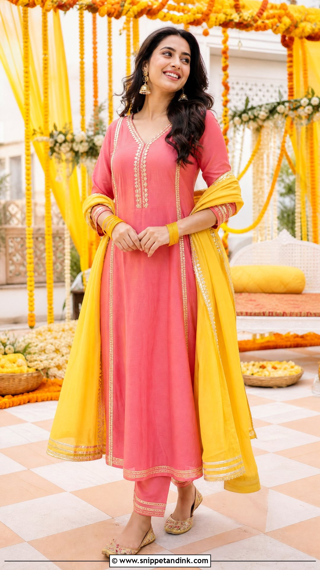 Pink Kurta Set With Yellow Dupatta For Haldi - Snippet and Ink - 20 Pink Haldi Outfit Ideas