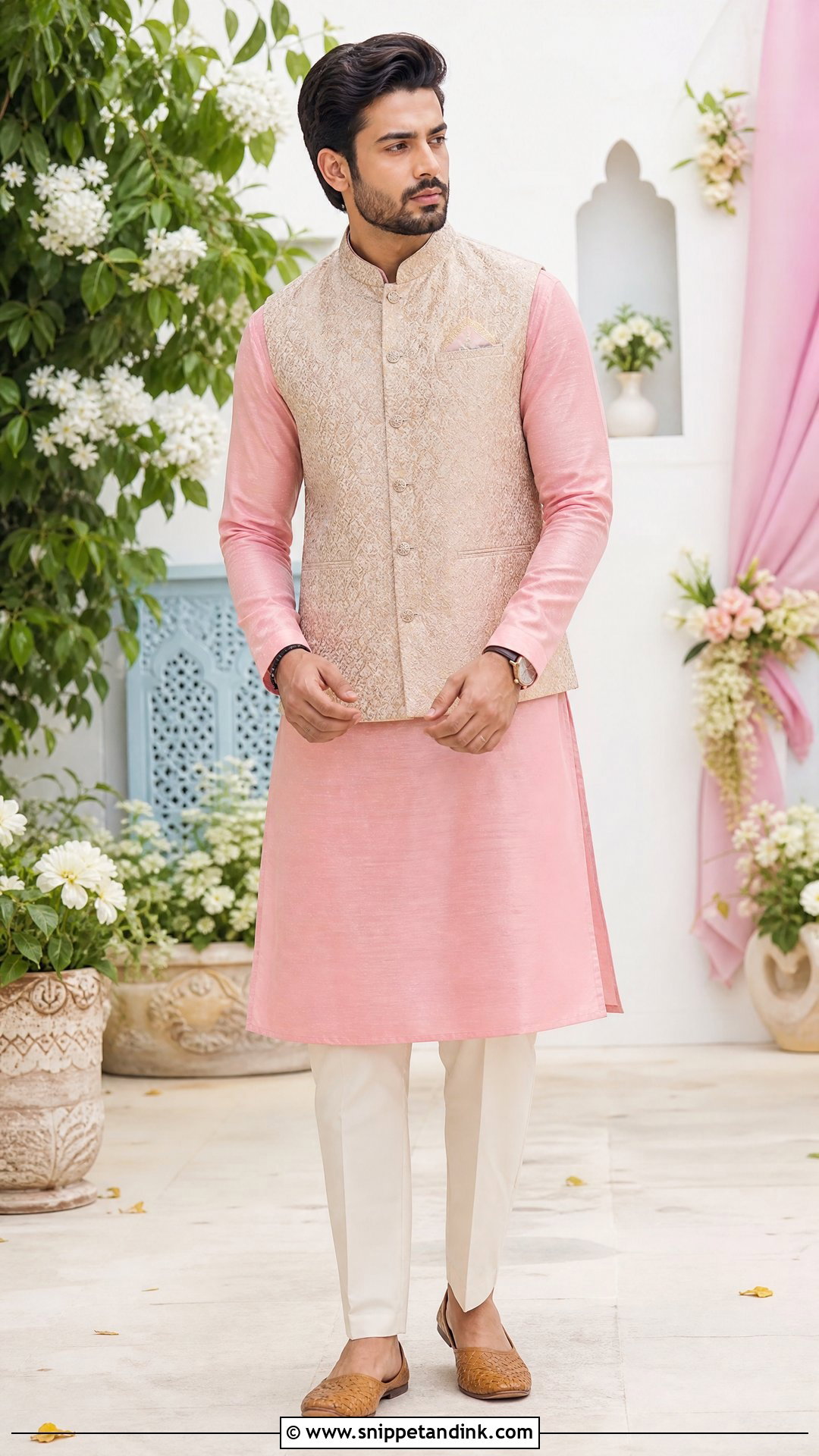 Pink Kurta With Beige Jacket - Snippet and Ink - 25 Indian Bride Brother Outfit Ideas