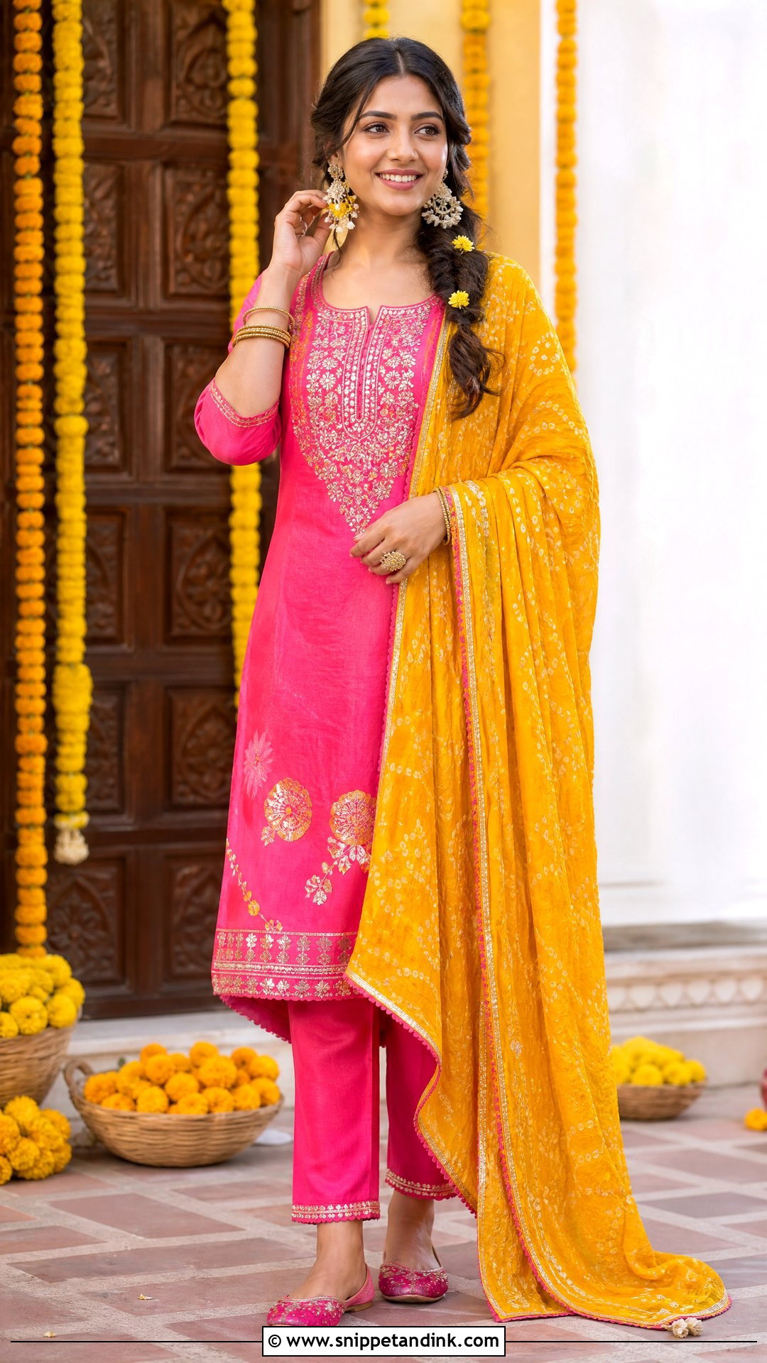 Pink Kurta With Yellow Dupatta for Haldi - Snippet and Ink - 20 Pink Outfit for Haldi Ideas