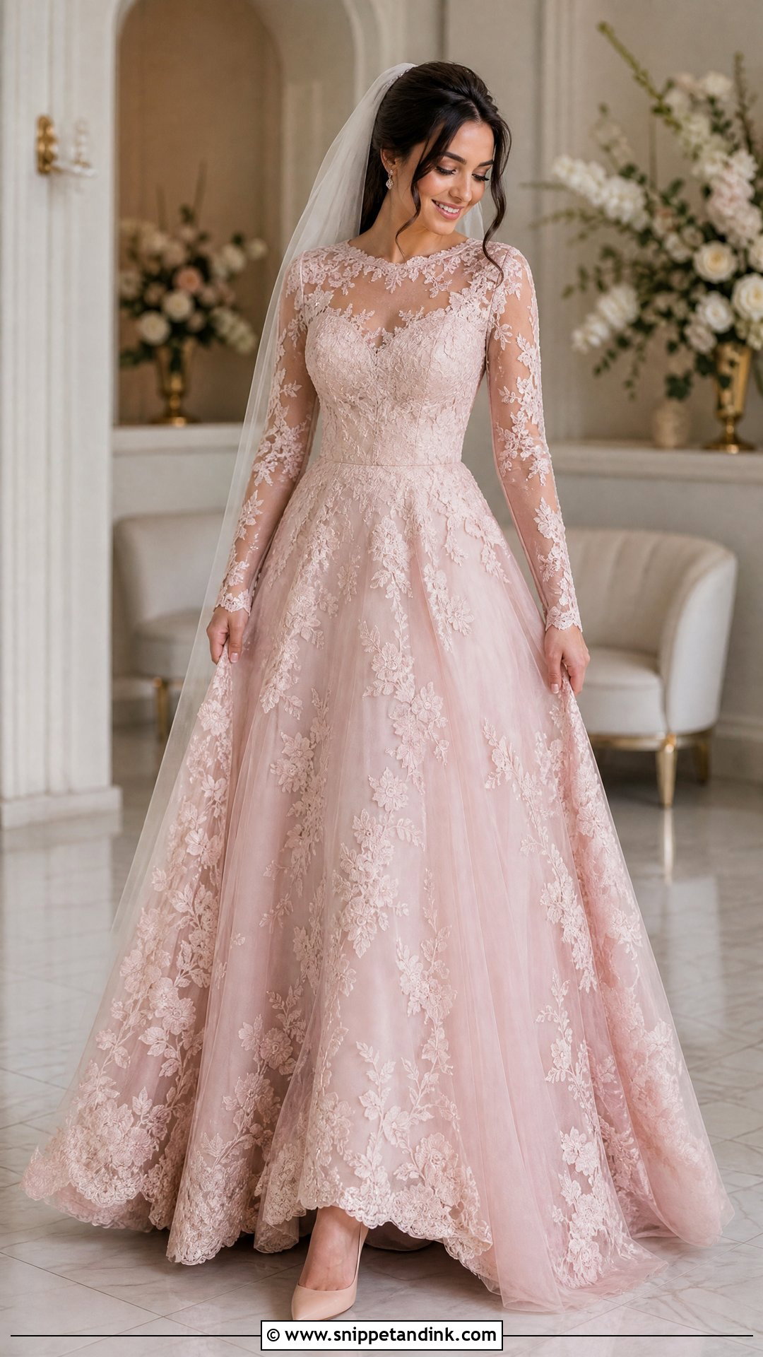 Pink Lace Bridal Dress With Sleeves - Snippet and Ink - 25 Pink Bridal Dress Ideas