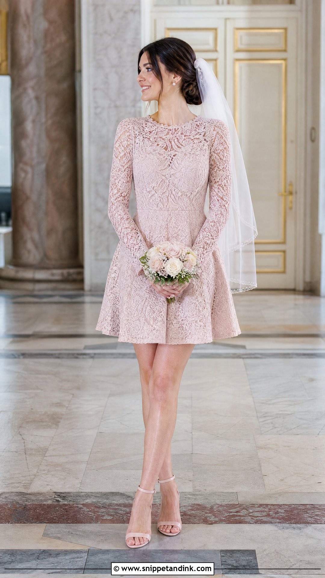 Pink Lace Long Sleeve Mini Wedding Dress - Snippet and Ink - 20 Short Pink Wedding Dress Ideas