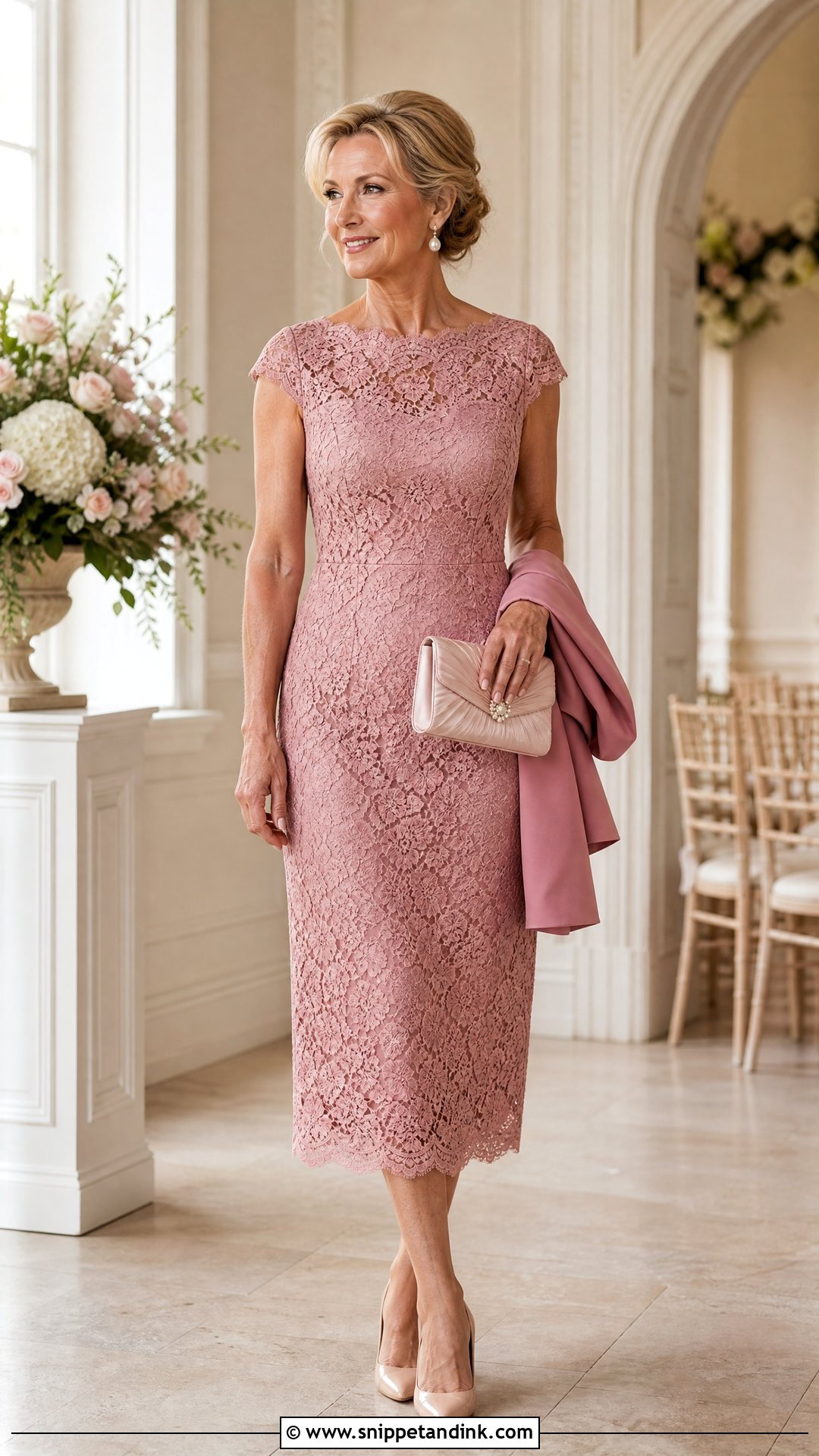 Pink Lace Midi Dress Wedding Outfit - Snippet and Ink - 20 Pink Wedding Outfit Ideas