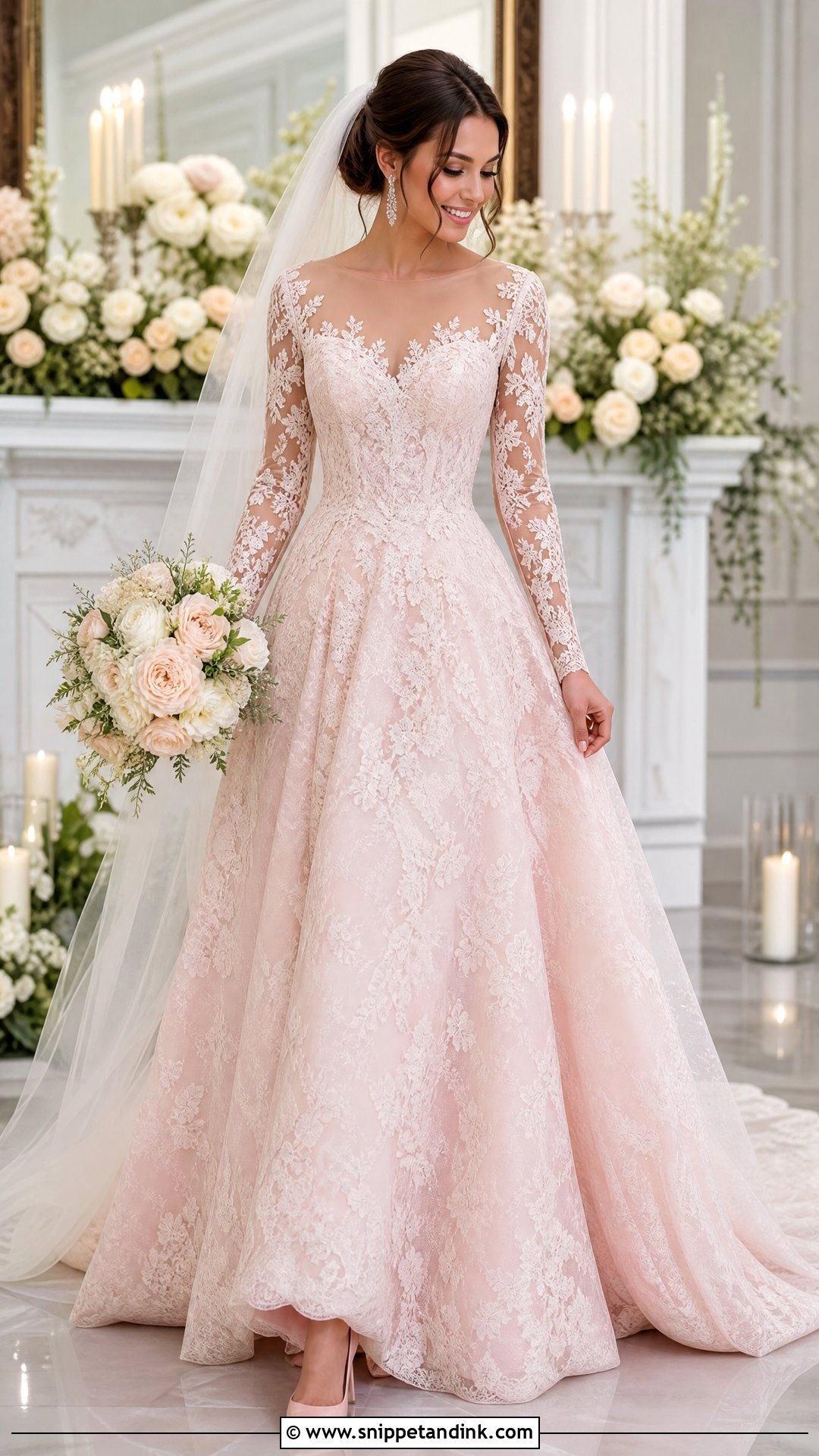Pink Lace Wedding Gown With Sleeves - Snippet and Ink - 20 Pink Wedding Gowns
