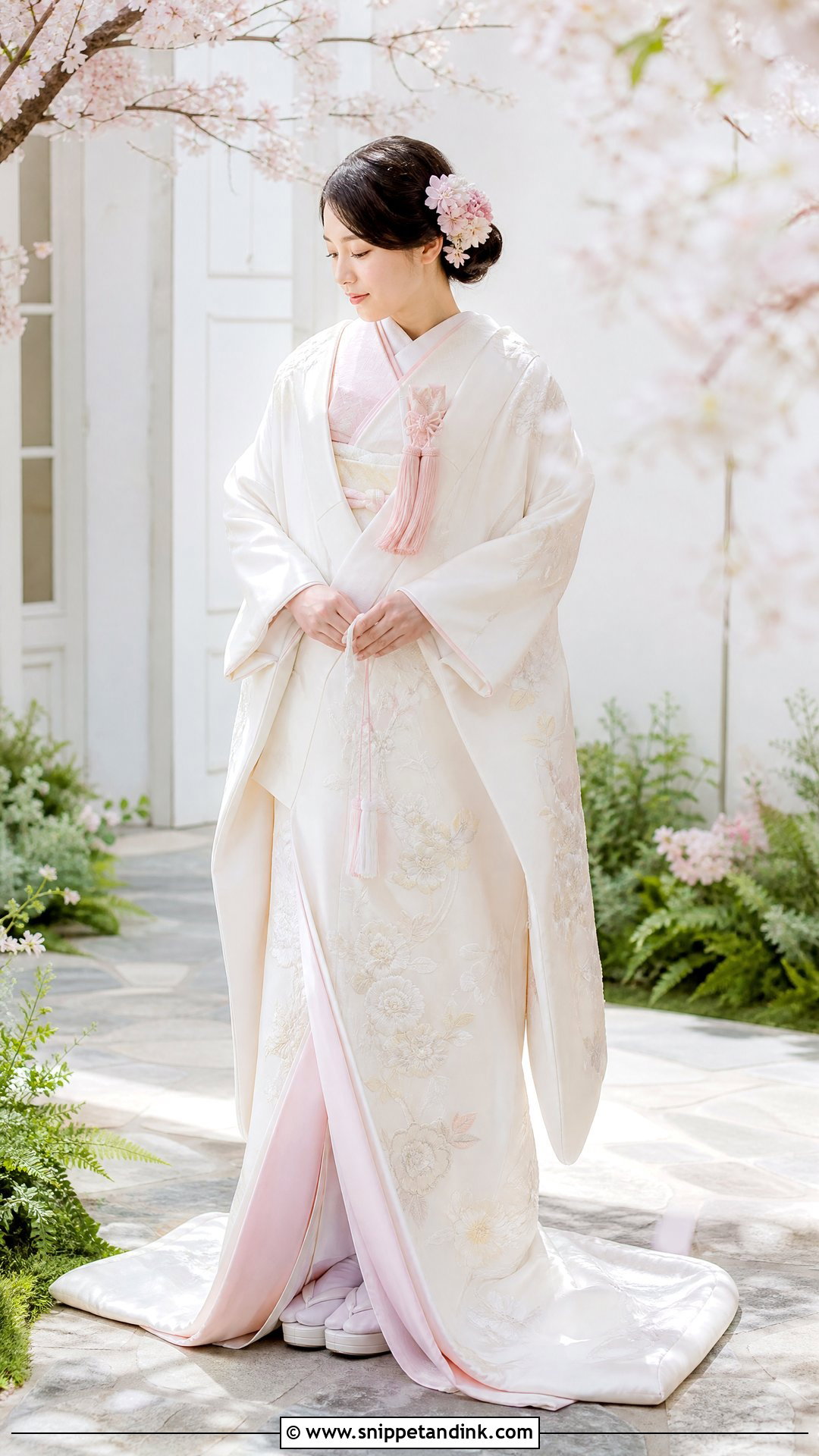 Pink Layered Shiromuku With Soft Makeup - Snippet and Ink - 20 Shiromuku Wedding Kimono Ideas