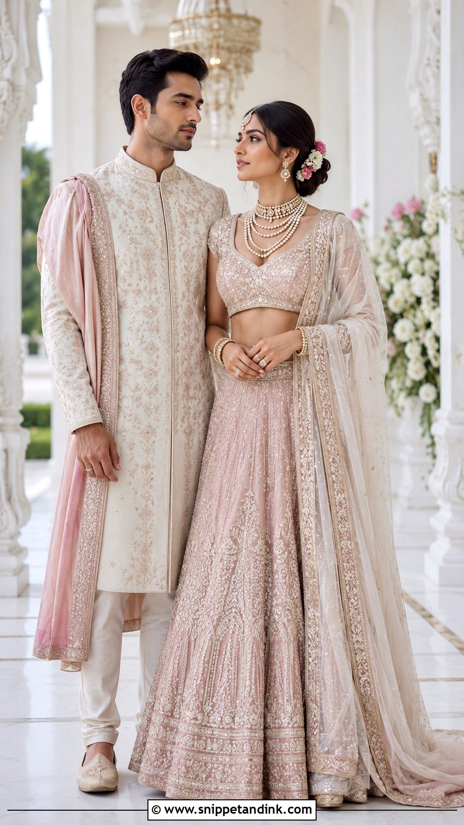 Pink Lehenga And Ivory Sherwani Indian Wedding Outfit - Snippet and Ink - 20 Indian Wedding Matching Outfits