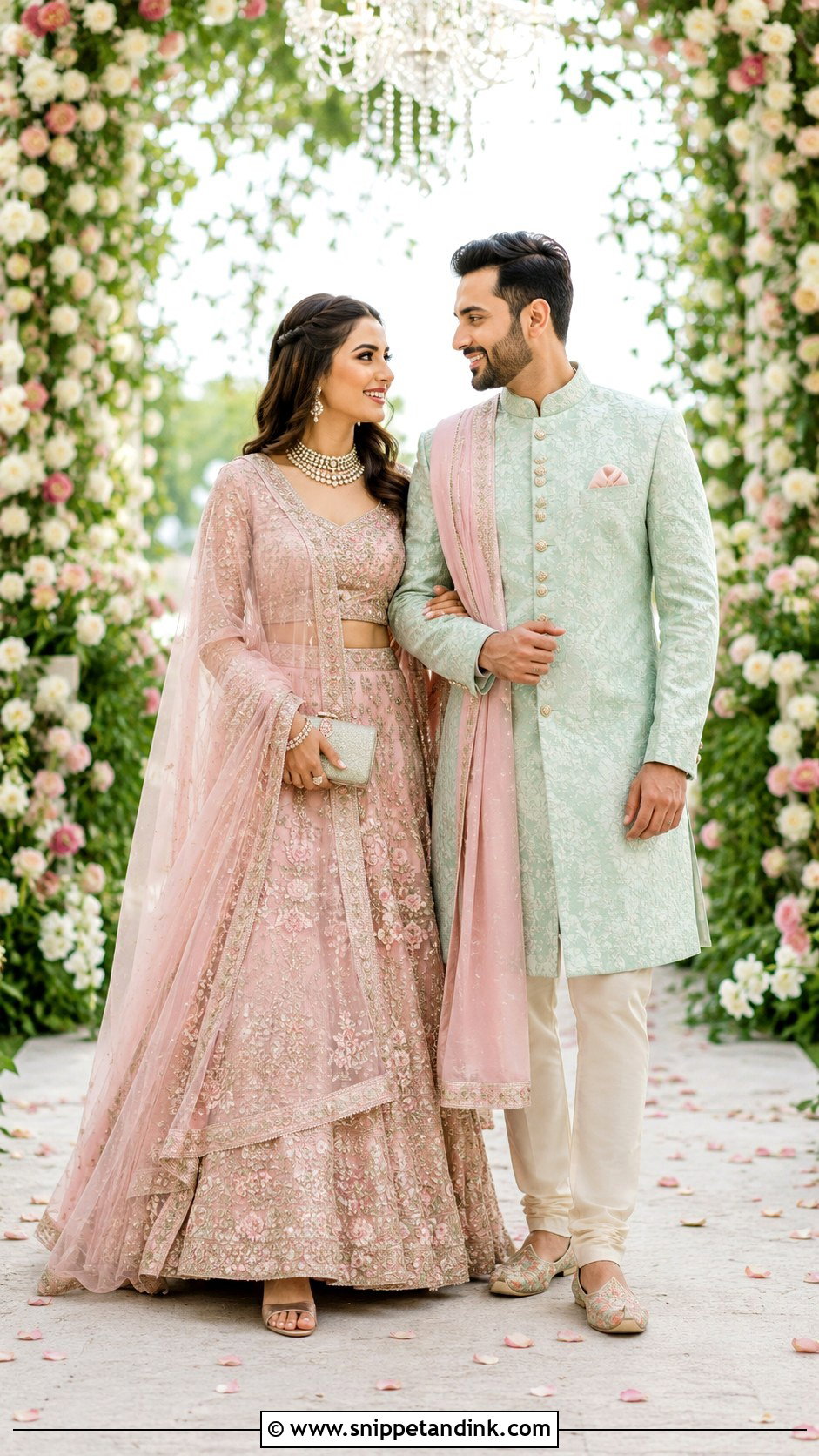 Pink Lehenga And Mint Sherwani Desi Couple Outfit - Snippet and Ink - 20 Desi Couple Outfits