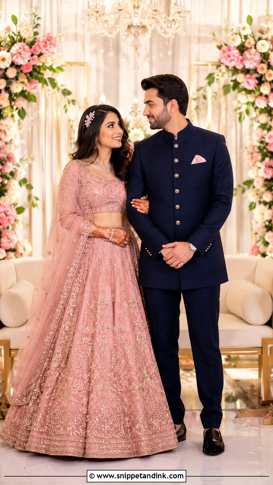 Pink Lehenga And Navy Bandhgala - Snippet and Ink - 25 Indian Couple Ring Ceremony Dress Ideas