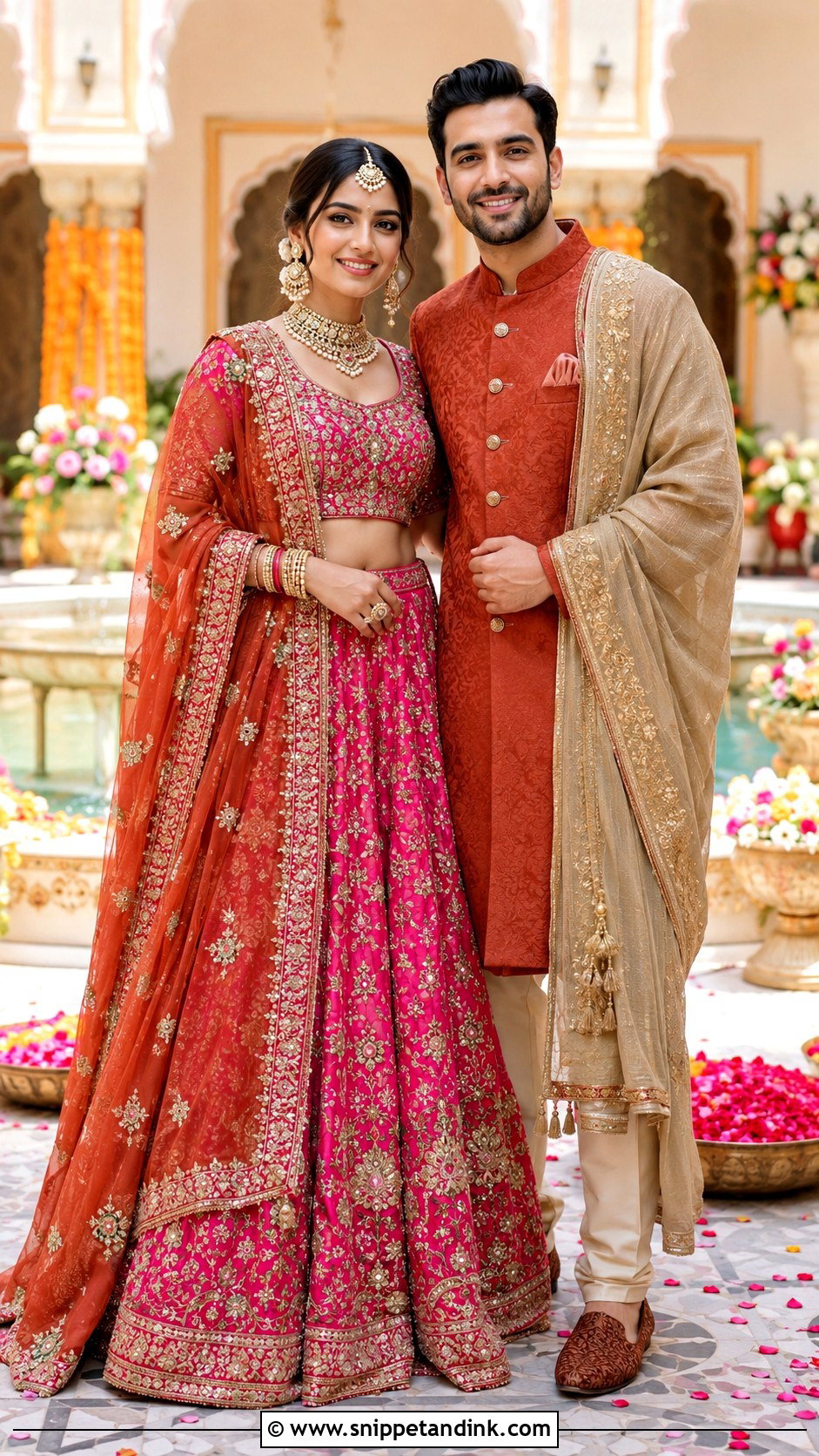 Pink Lehenga And Rust Achkan Couple Outfit - Snippet and Ink - 20 Indian Wedding Couple Outfits