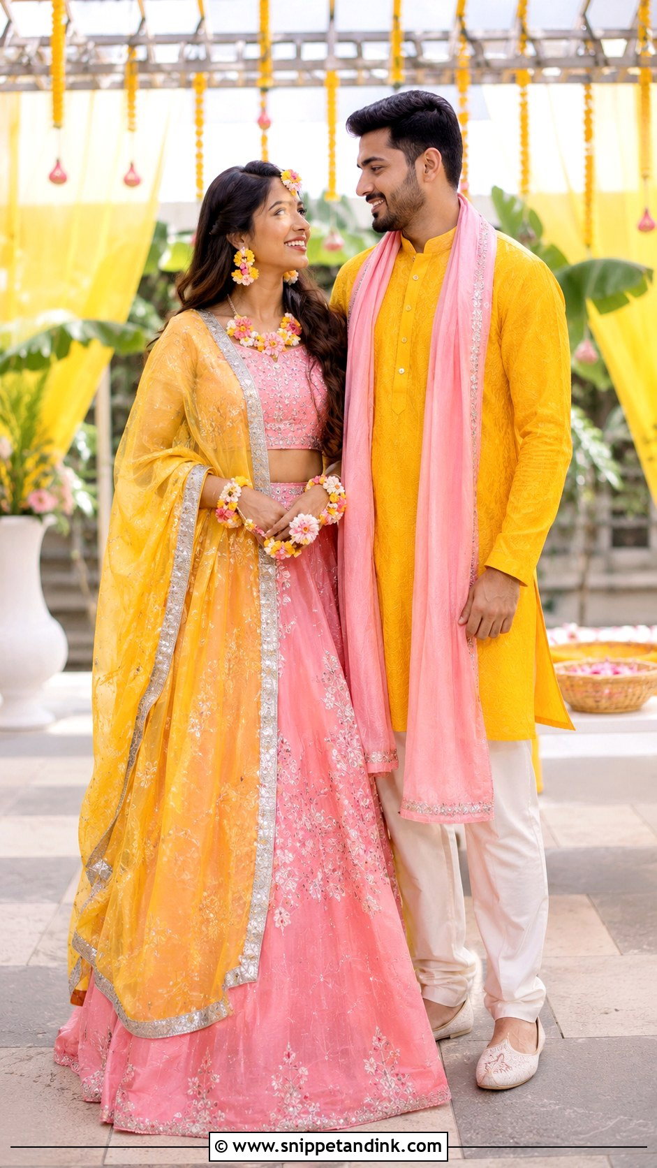 Pink Lehenga And Yellow Kurta Haldi Couple Outfit - Snippet and Ink - 25 Haldi Couple Outfits