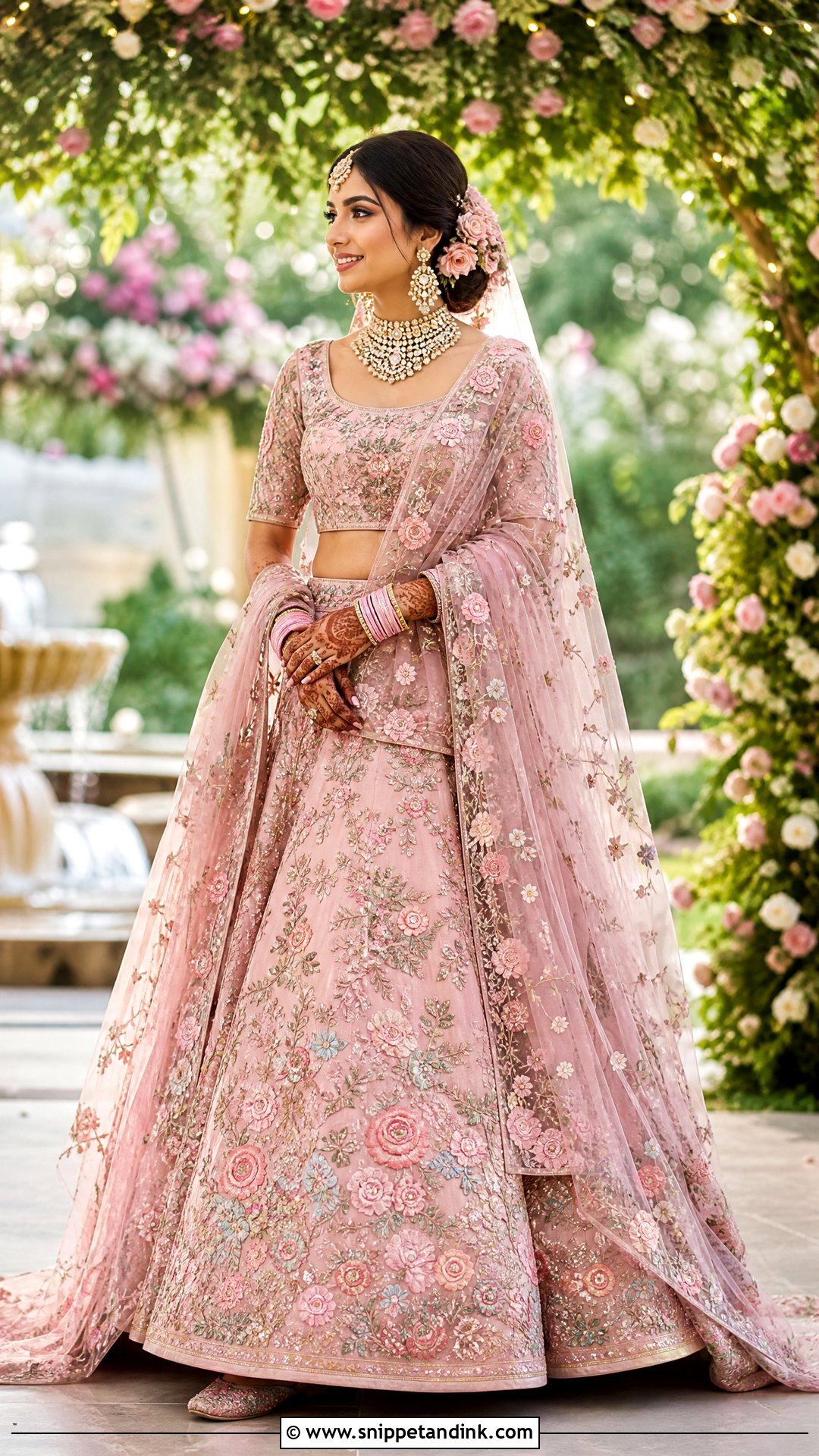 Pink Lehenga With Floral Trail Dupatta - Snippet and Ink - 20 Trail Dupatta Bridal Ideas