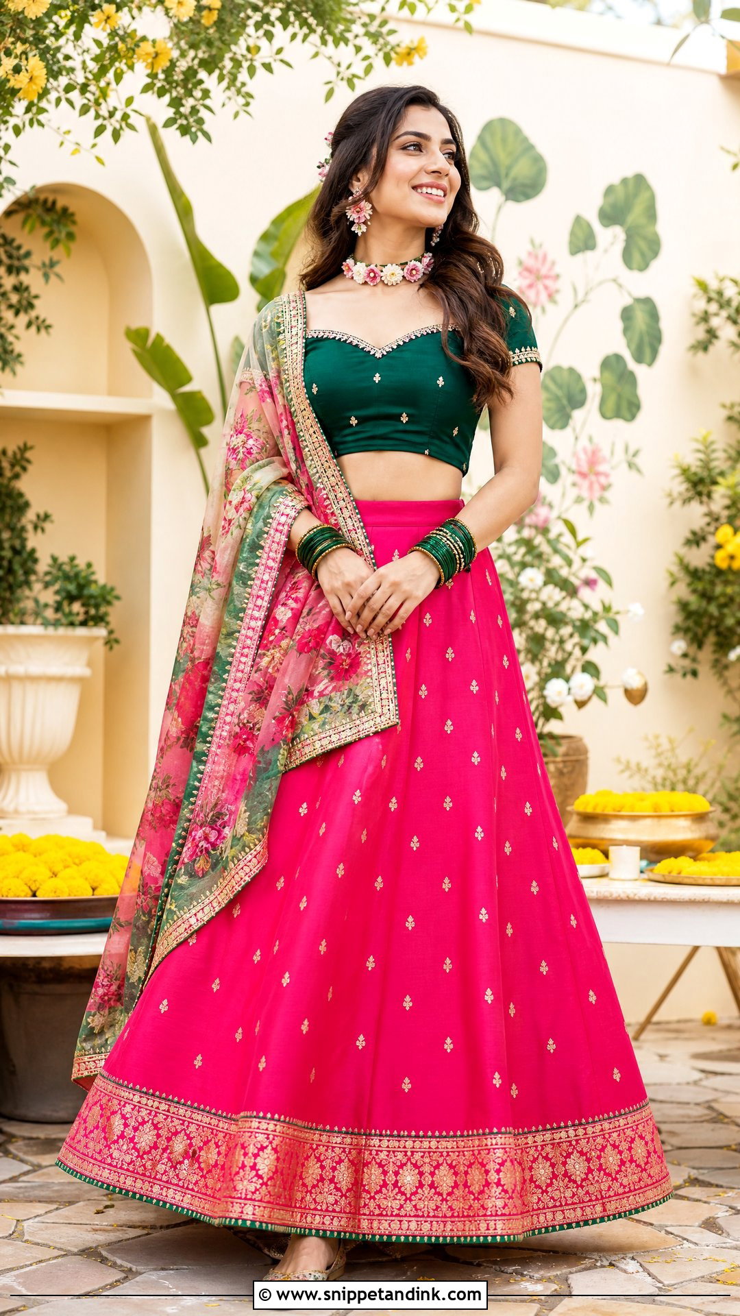 Pink Lehenga With Green Blouse For Haldi - Snippet and Ink - 20 Pink Haldi Outfit Ideas