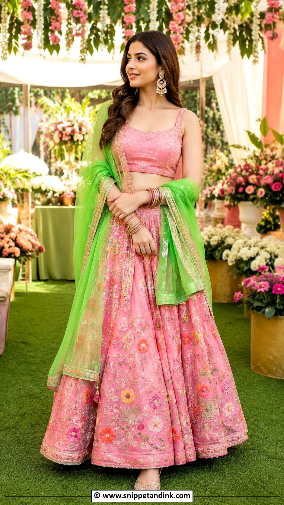 Pink Lehenga With Green Dupatta For Mehendi - Snippet and Ink - 30 Mehendi Dress Ideas
