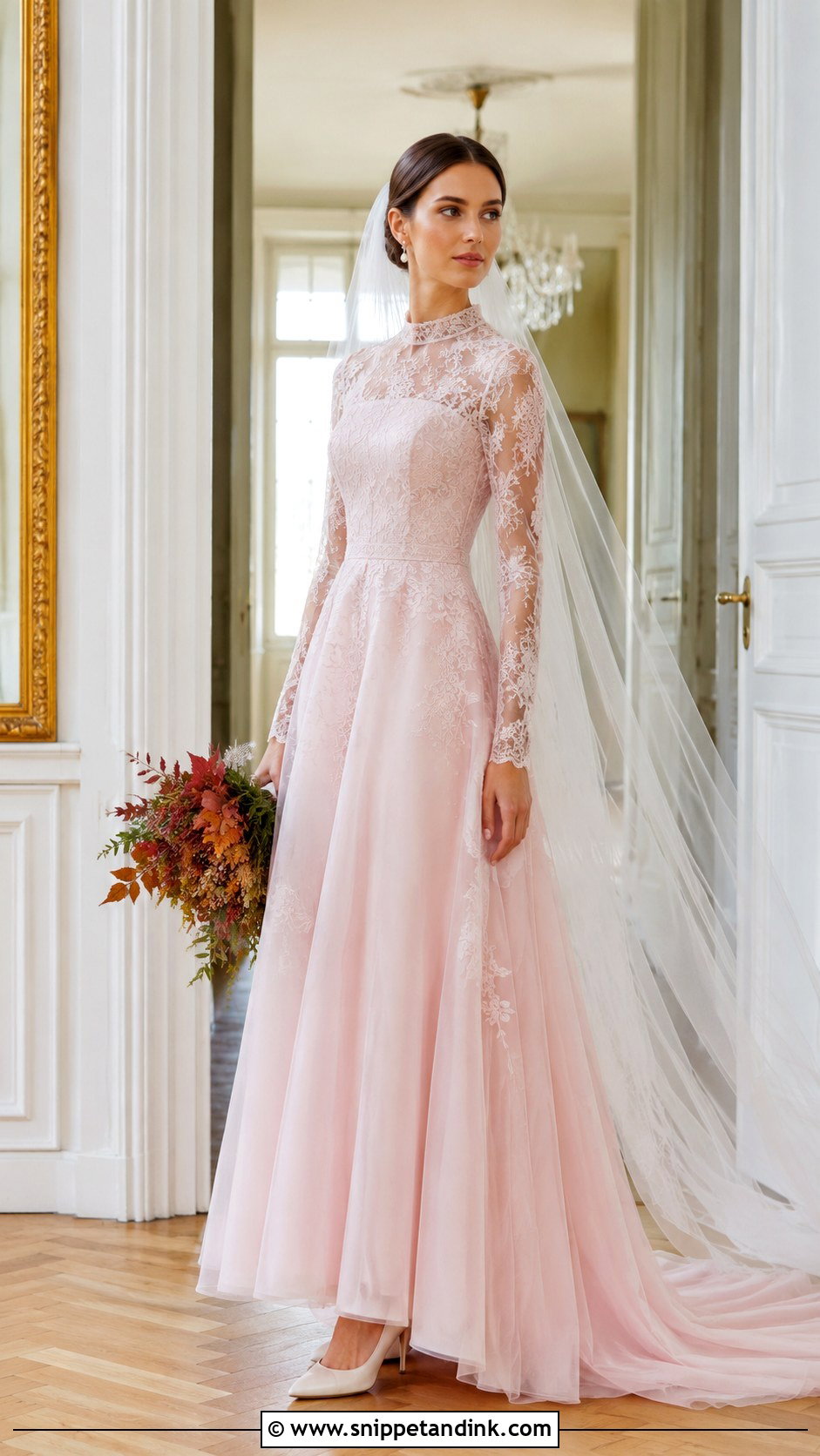 Pink Long Sleeve Bridal Gown - Snippet and Ink - 20 Pink Bridal Ideas