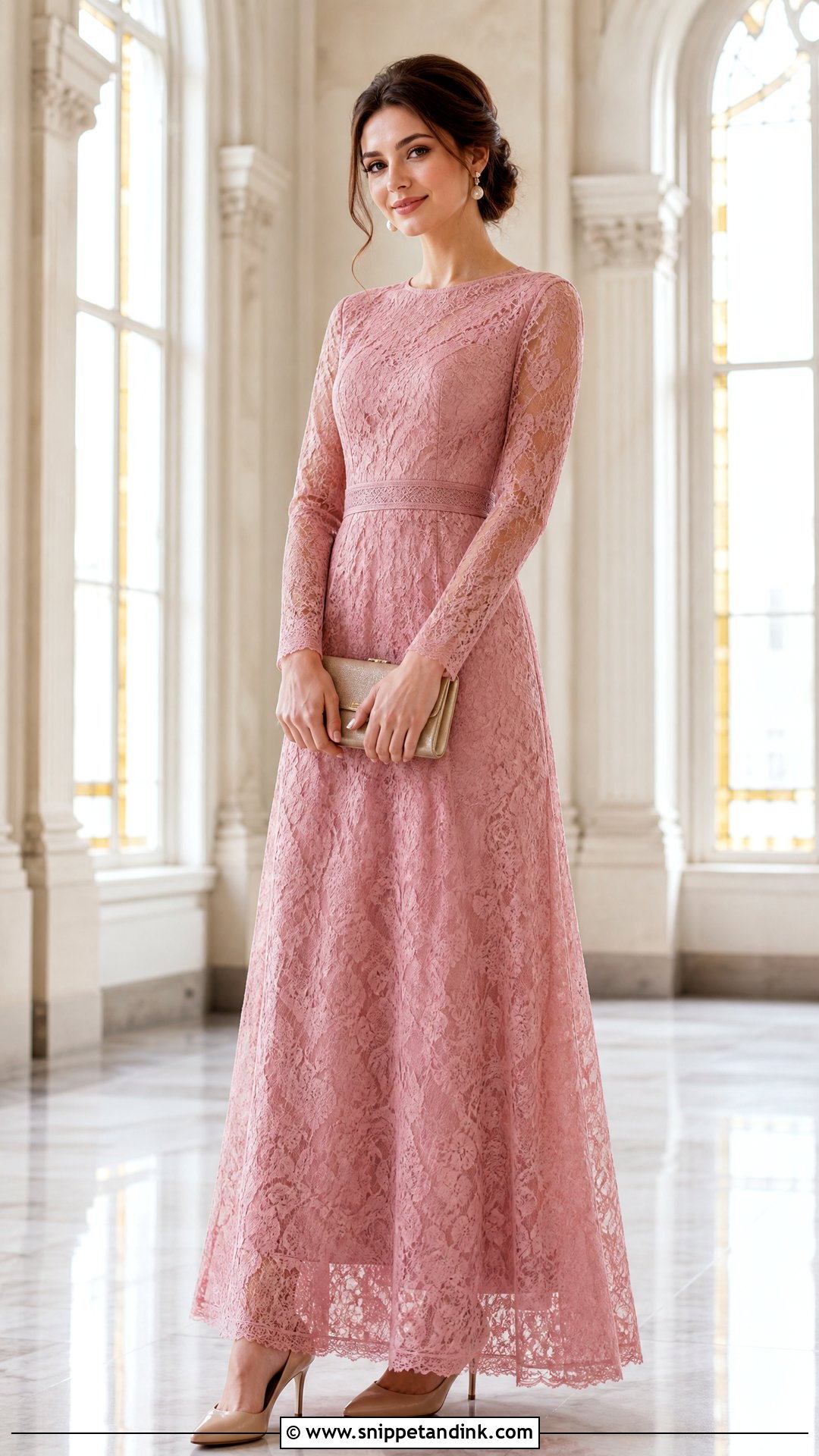 Pink Long Sleeve Lace Gown - Snippet and Ink - 25 Pink Gown Ideas