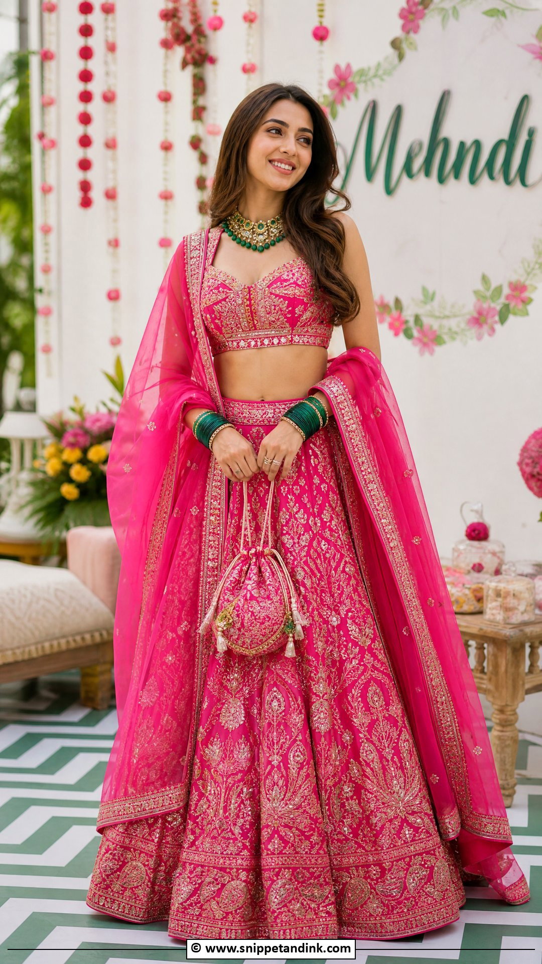 Pink Mehndi Lehenga Choli With Green Jewelry - Snippet and Ink - 35 Mehndi Dresses