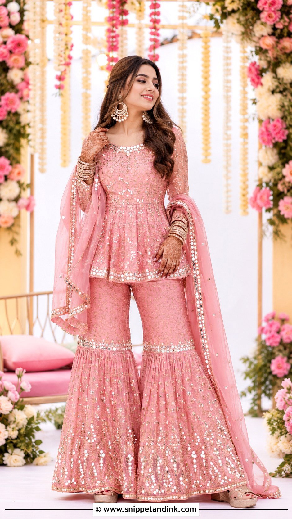 Pink Mehndi Sharara Outfit - Snippet and Ink - 30 Mehndi Outfit for Bride Ideas