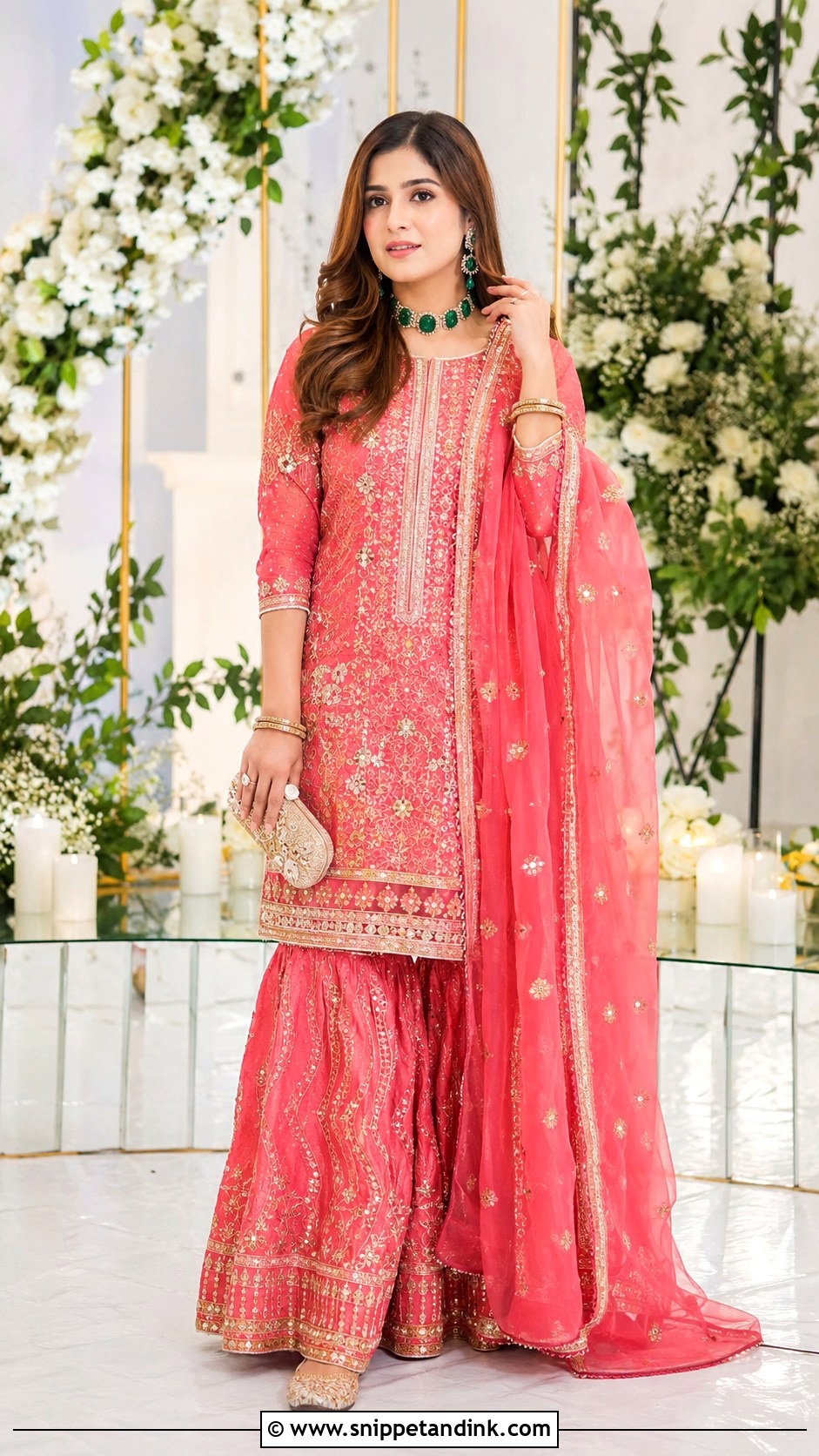 Pink Mehndi Sharara With Green Jewelry - Snippet and Ink - 25 Mehndi Sharara Outfit Ideas