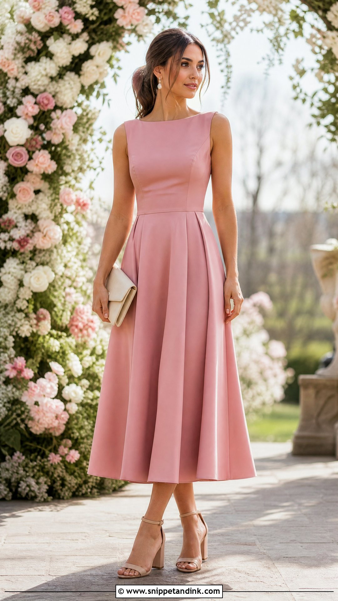 Pink Midi Dress Garden Party Wedding Outfit - Snippet and Ink - 25 Garden Party Wedding Attire Ideas