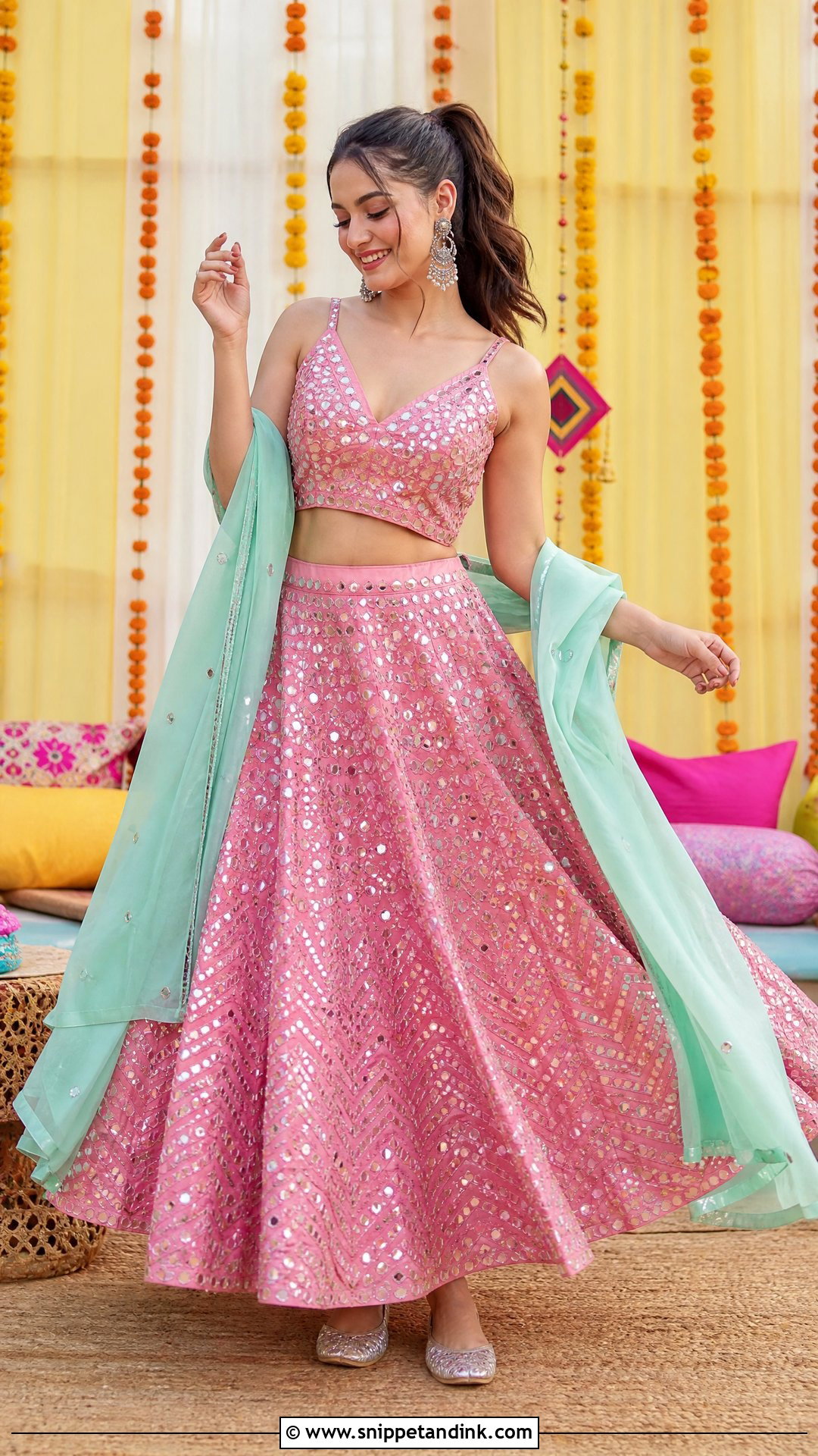 Pink Mirror Work Mehendi Set - Snippet and Ink - 20 Pink Mehendi Outfit Ideas