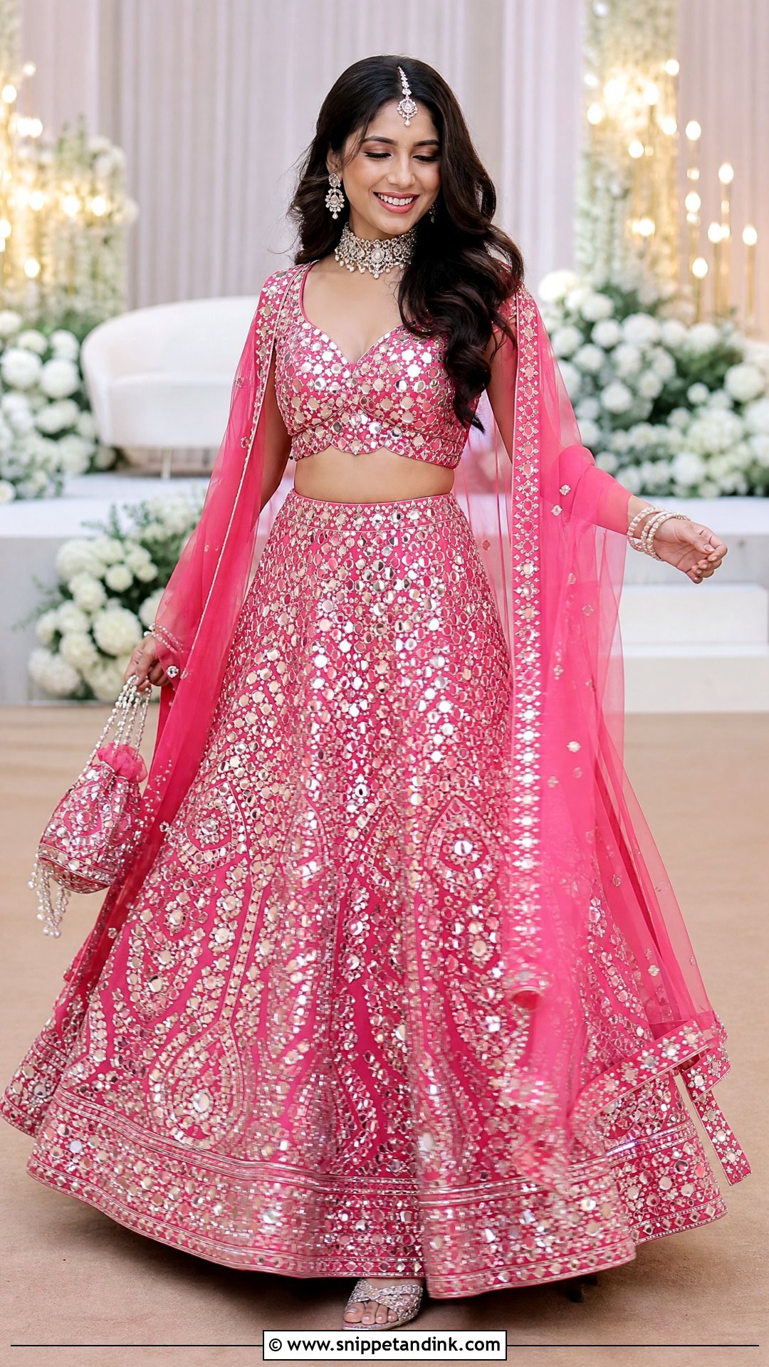Pink Mirror Work Sangeet Lehenga - Snippet and Ink - 25 Bridal Sangeet Outfit Indian Weddings Ideas