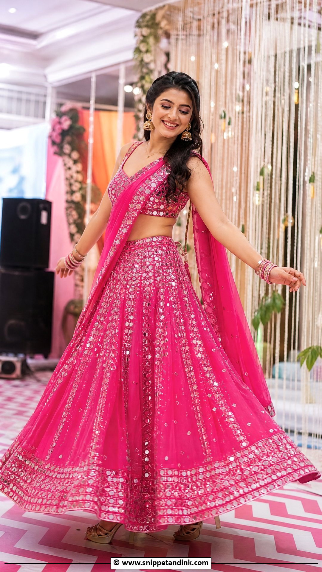 Pink Mirror Work Sangeet Lehenga - Snippet and Ink - 35 Bridal Sangeet Outfit Ideas