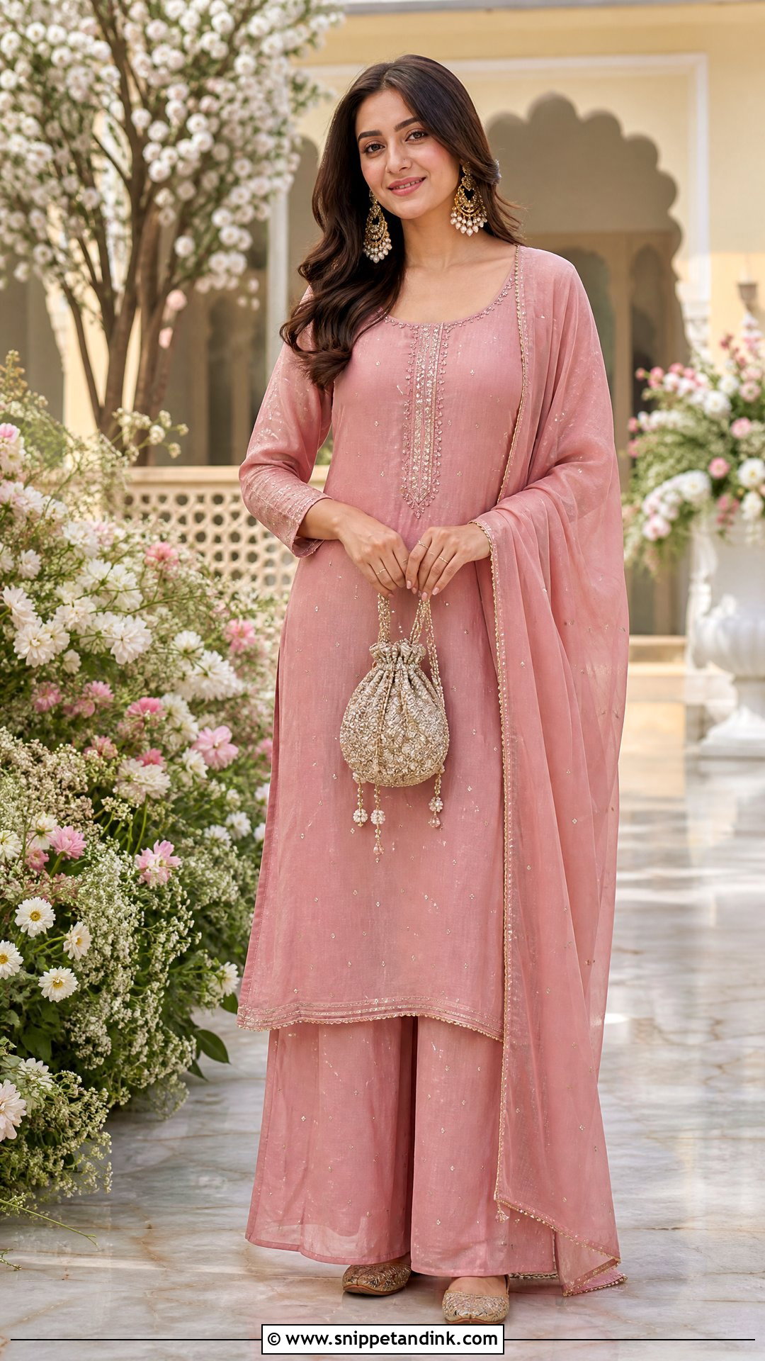 Pink Mukaish Kurta Set With Palazzo Pants - Snippet and Ink - 25 Kurta Set for Wedding Ideas
