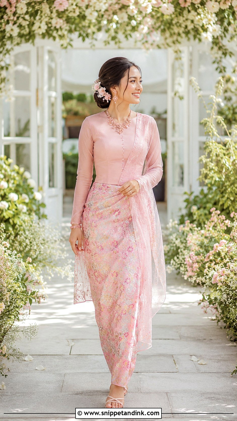 Pink Myanmar Wedding Dress With Floral Silk - Snippet and Ink - 25 Myanmar Traditional Wedding Dress Ideas