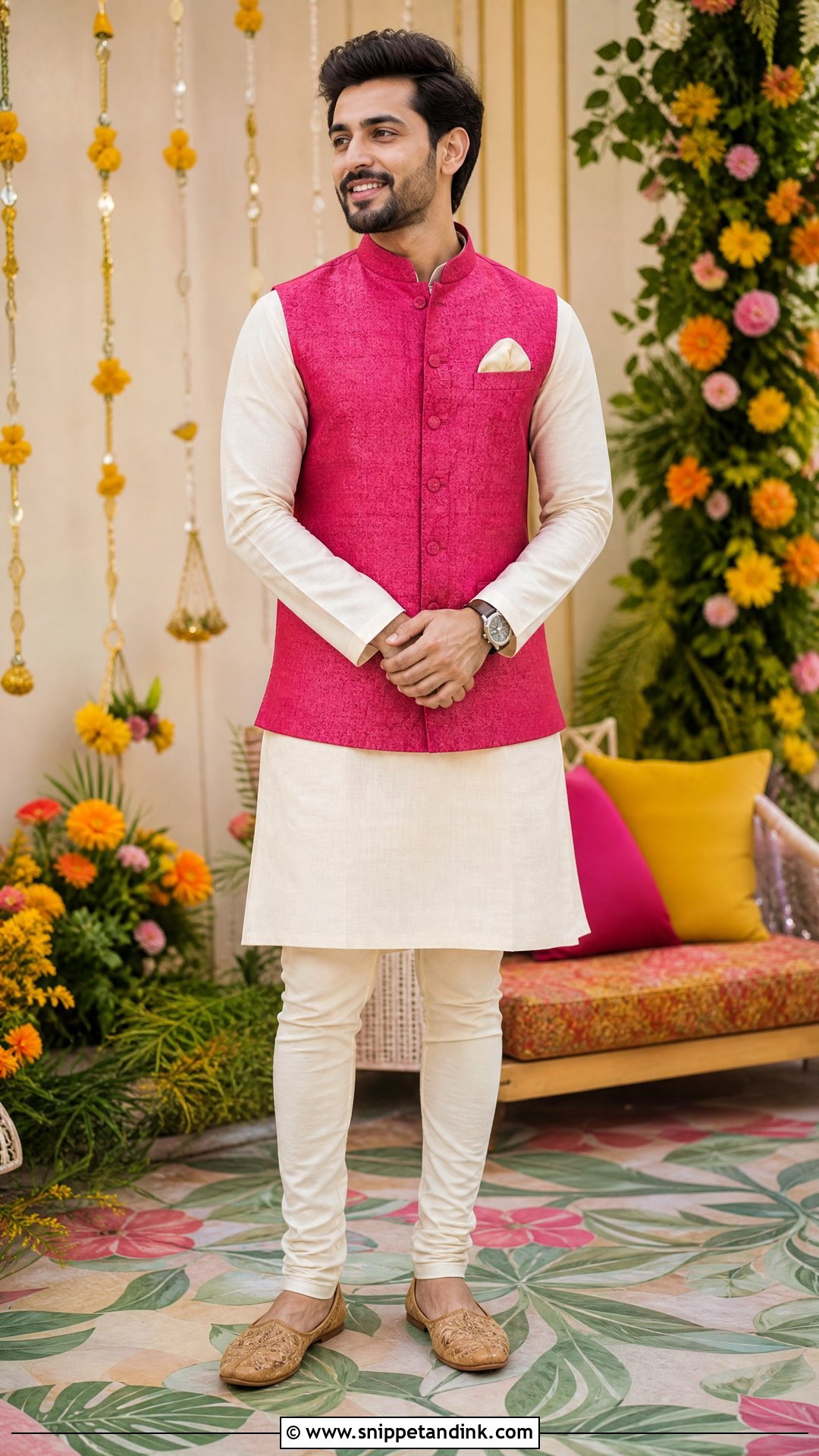 Pink Nehru Jacket Mehendi Outfit - Snippet and Ink - 20 Virat Kohli Wedding Dress Ideas