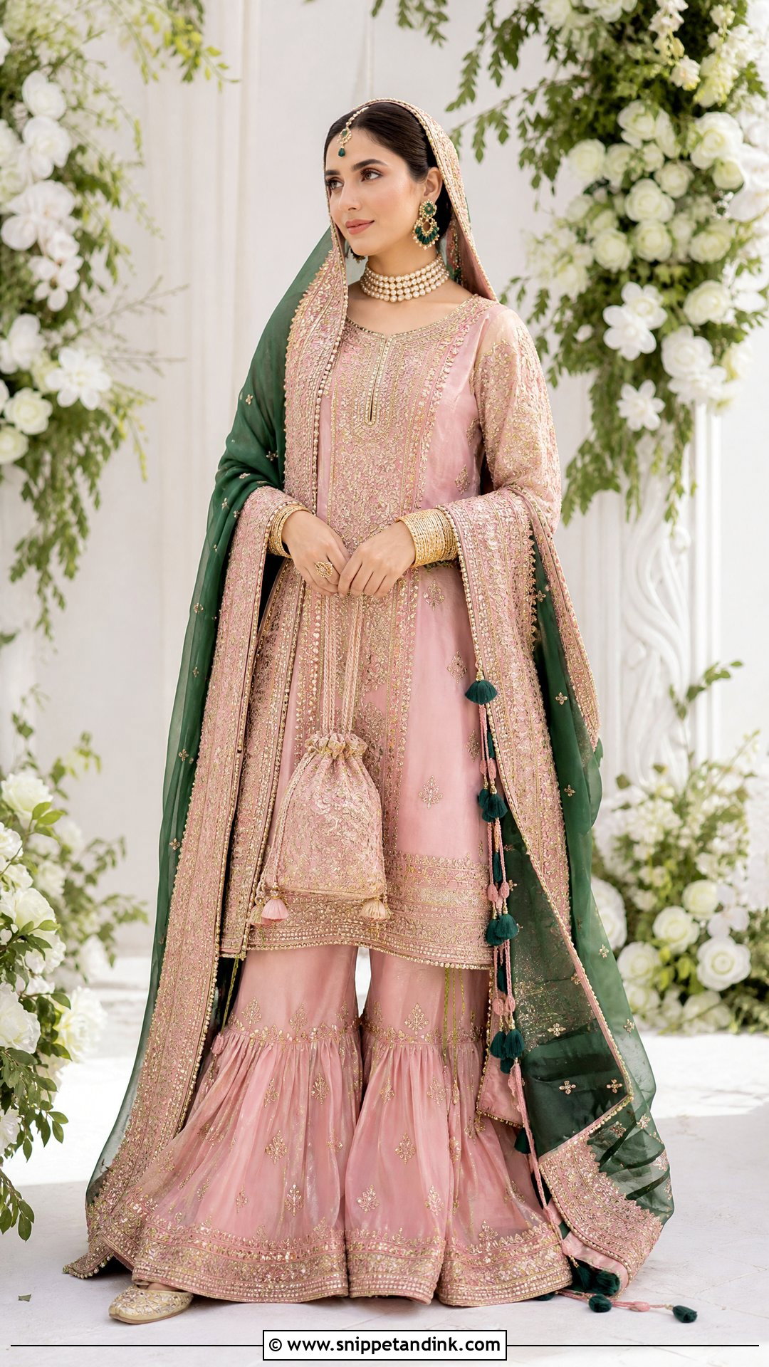 Pink Nikkah Gharara With Green Dupatta - Snippet and Ink - 20 Nikkah Gharara Outfit Ideas
