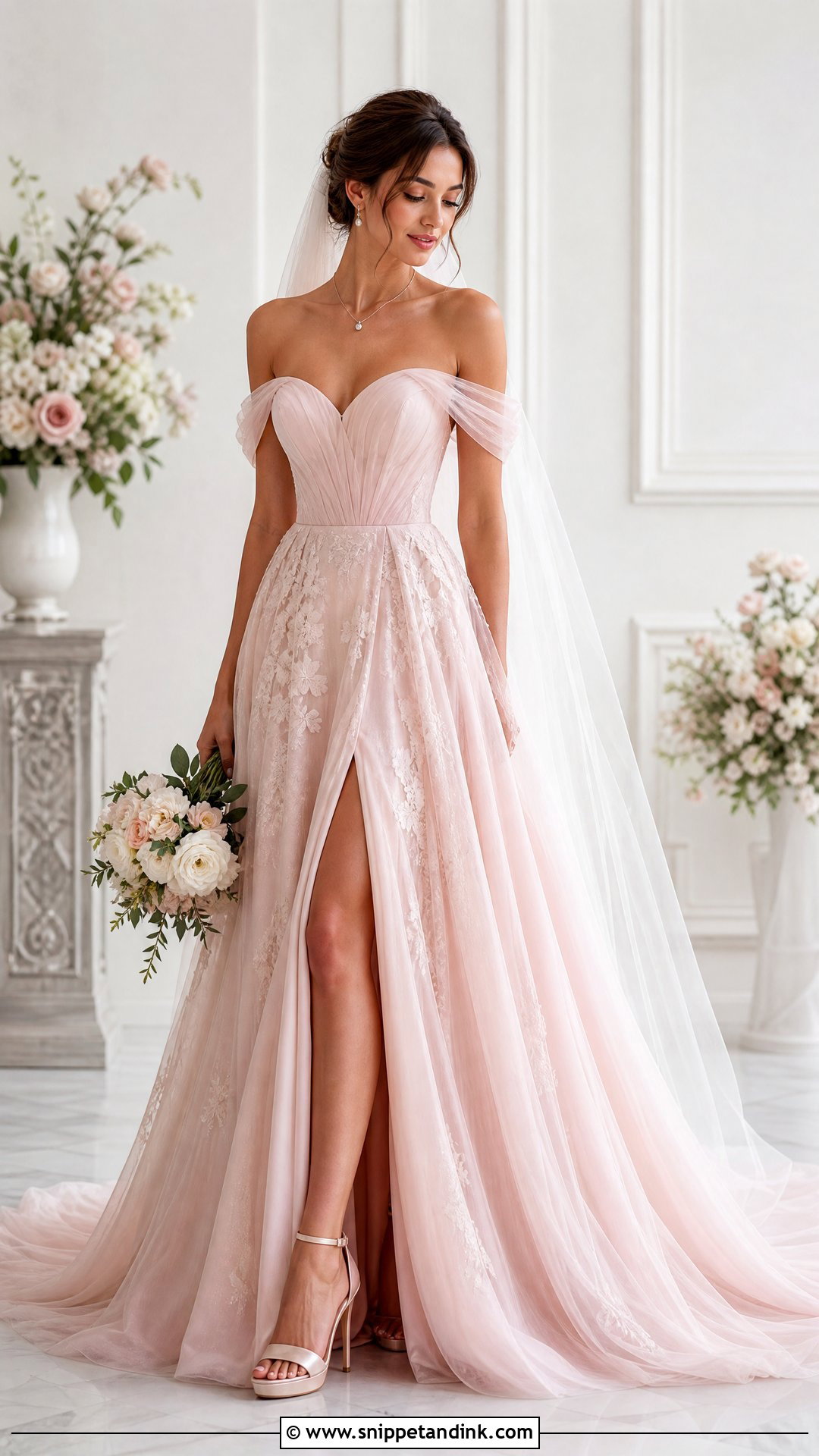 Pink Off Shoulder Bridal Dress - Snippet and Ink - 25 Pink Bridal Dress Ideas