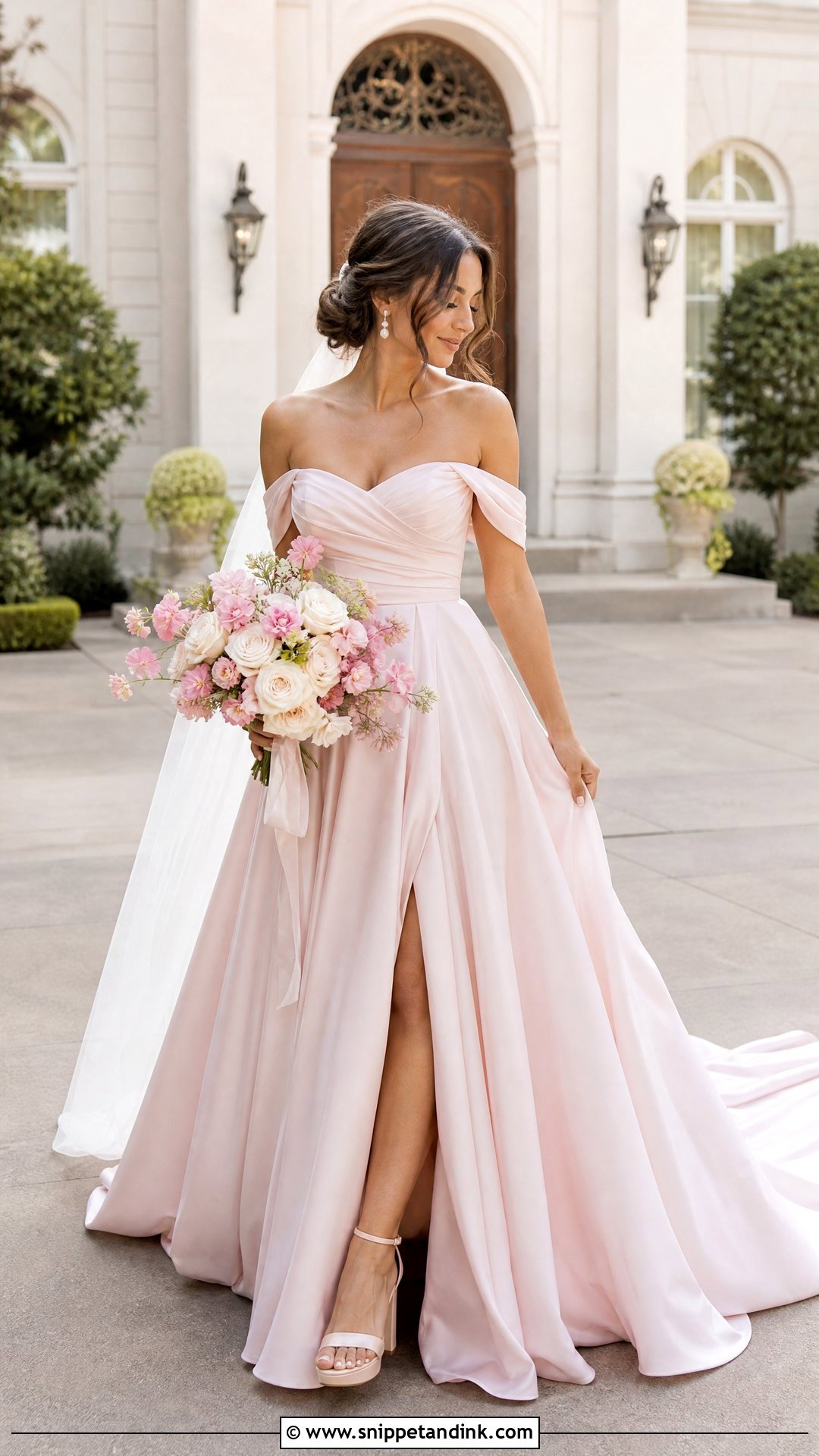 Pink Off Shoulder Bridal Gown - Snippet and Ink - 20 Pink Bridal Gown Ideas