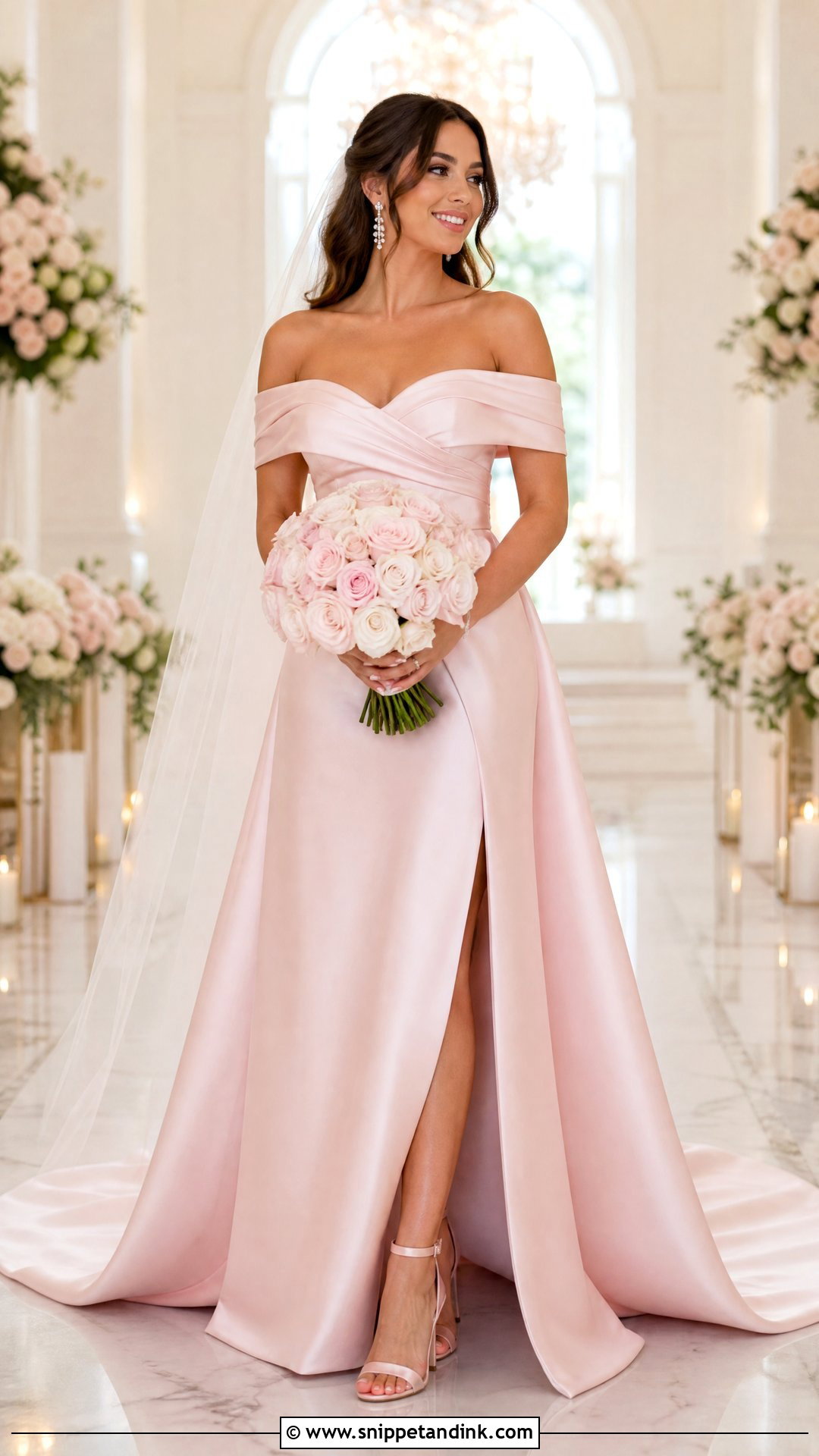 Pink Off Shoulder Bride Gown - Snippet and Ink - 25 Pink Bride Ideas