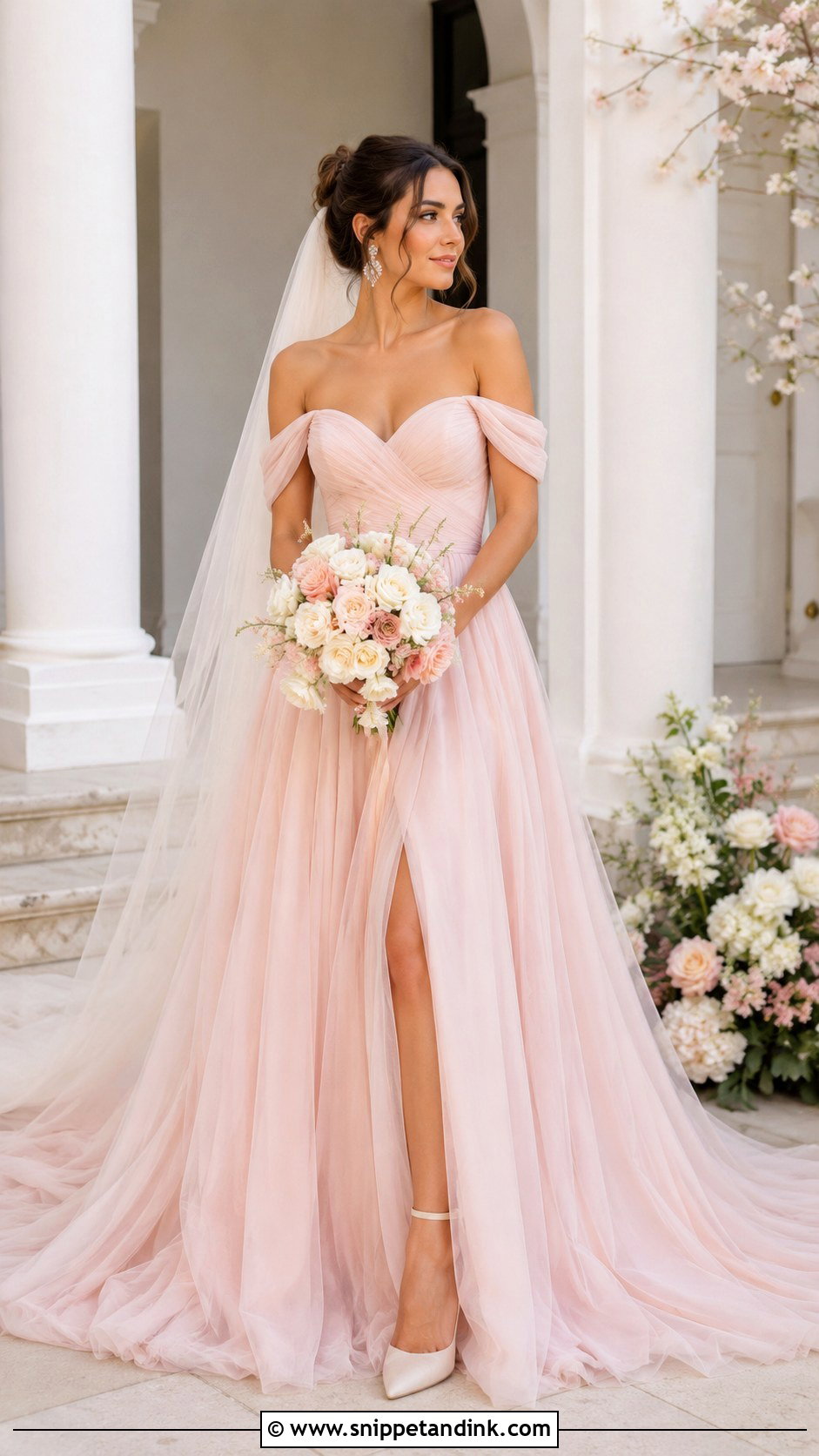 Pink Off Shoulder Wedding Dress - Snippet and Ink - 25 Pink Wedding Dresses