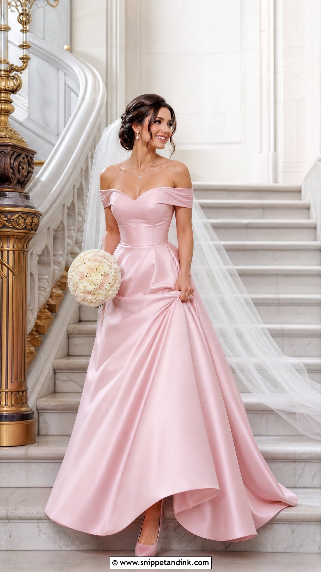 Pink Off The Shoulder Wedding Gown - Snippet and Ink - 20 Pink Wedding Gowns