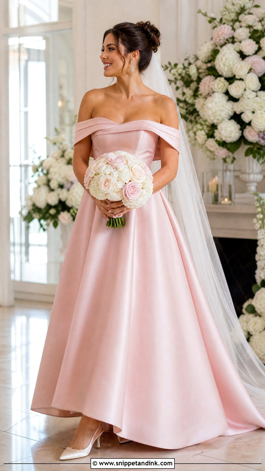 Pink Off the Shoulder Bride Dress - Snippet and Ink - 20 Pink Bride Dress Ideas