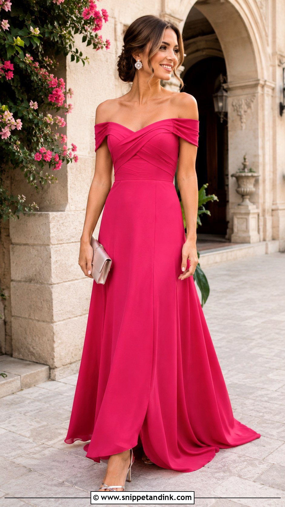 Pink Off the Shoulder Long Wedding Guest Dress With Metallic Heels - Snippet and Ink - 20 Long Dresses for Wedding